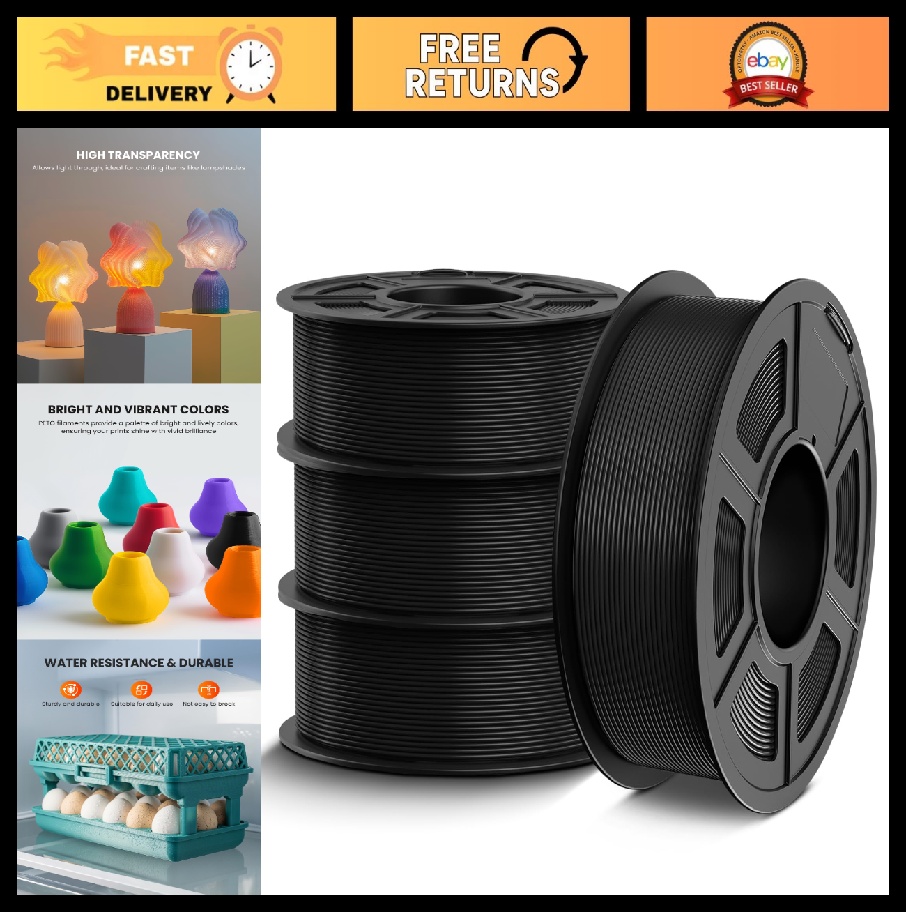4kg PETG Filament 1.75mm Black Bundle | Strong Toughness, High Precision, Good L0