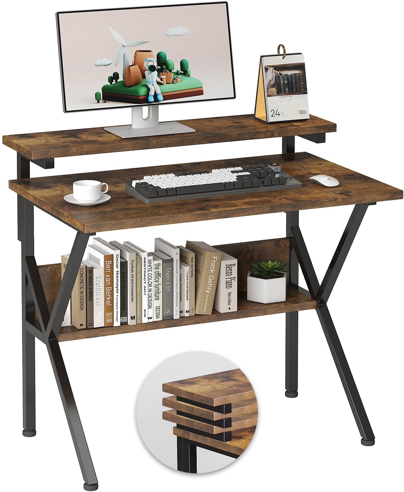 Compact Computer Desk with Adjustable Monitor Stand & Storage - Rustic Brown1