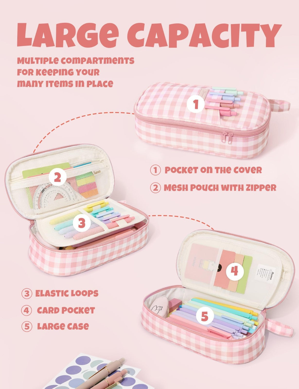 Cute Large Pencil Case, Aesthetic Zipper Pen Pouch, Kawaii Stationery Organizer,4