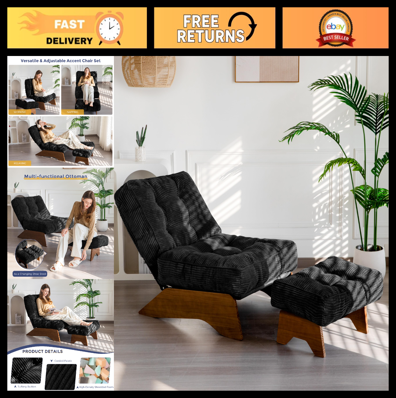 Cozy Tufted Accent Chair & Ottoman Set, Adjustable Backrest, Modern Recliner for0