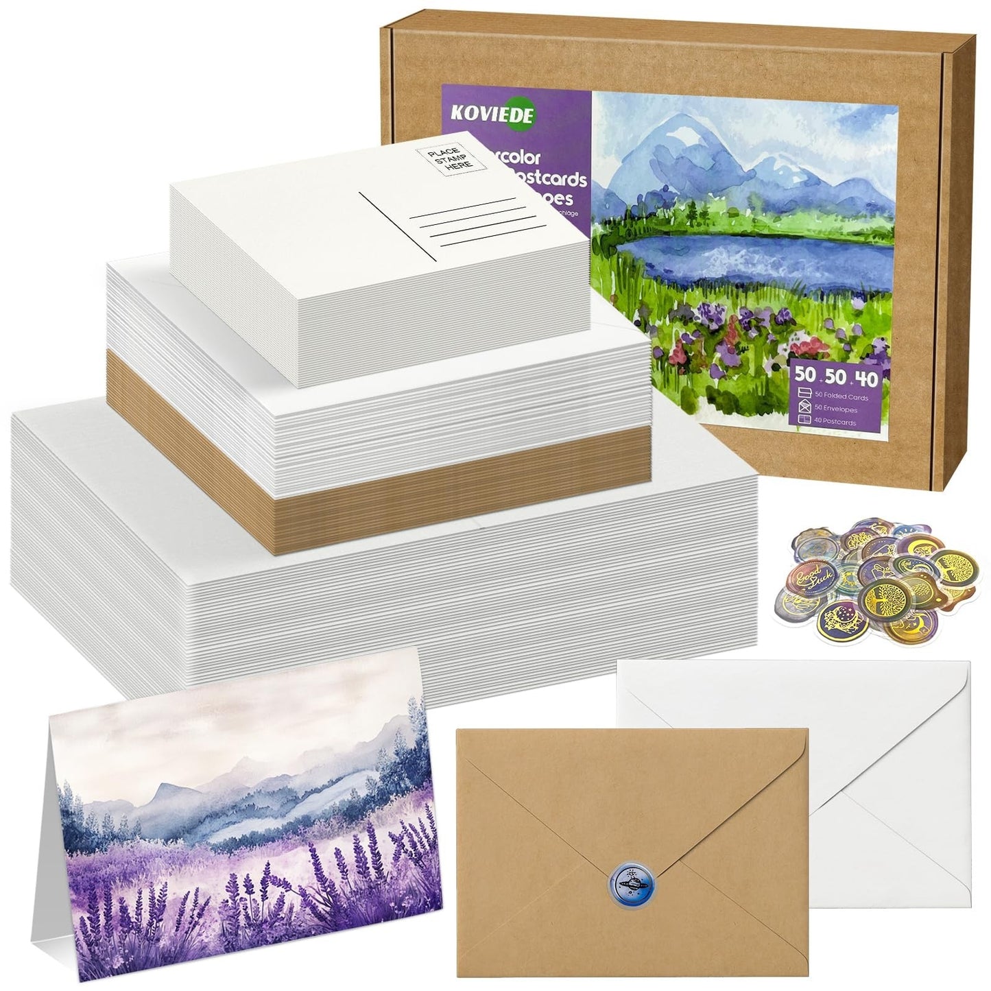 50 Pack Foldable Watercolor Cards & Envelopes 5"x7" | 140LB Cotton Postcards0