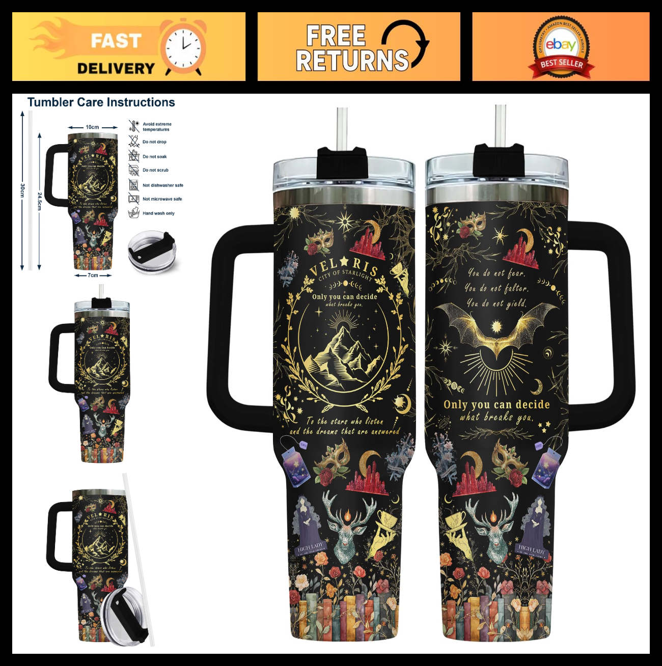 40oz Fantasy Romance Tumbler   Night Sky Mountains Travel Mug, Aesthetic Gift fo0