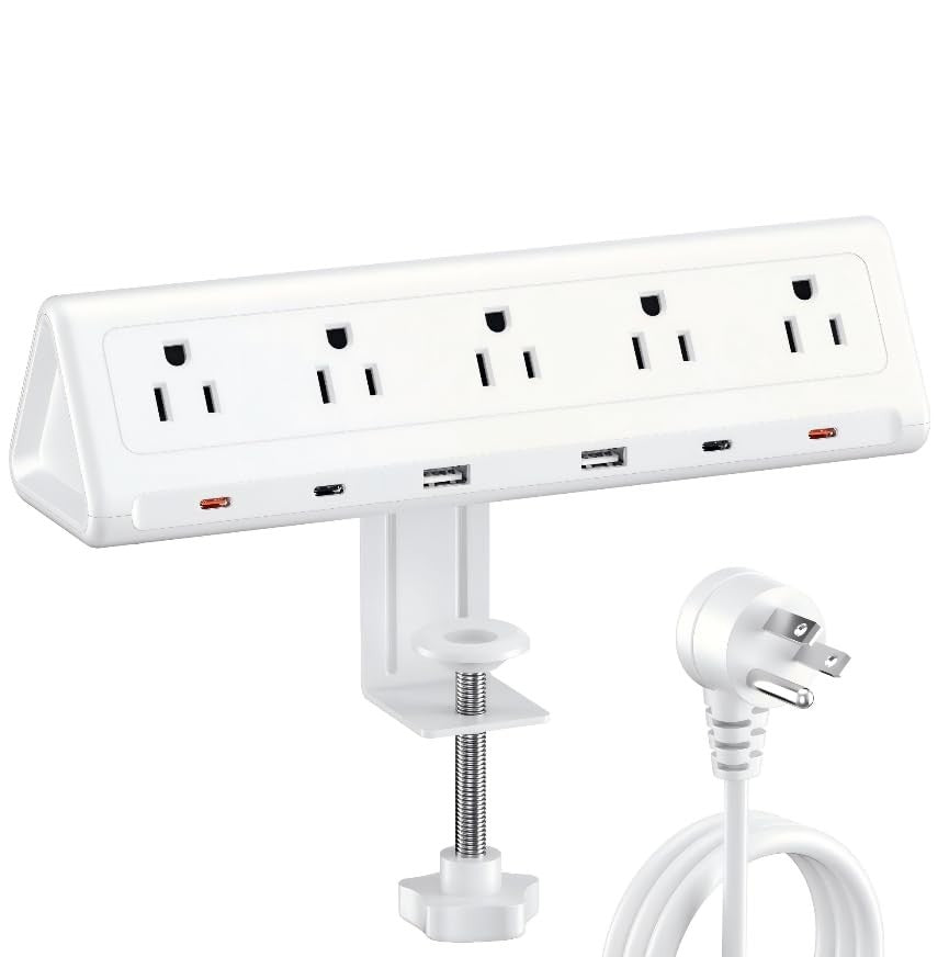 10FT Desk Clamp Power Strip, 5 AC Outlets, 6 USB Ports, PD 40W Fast Charge, Whit1