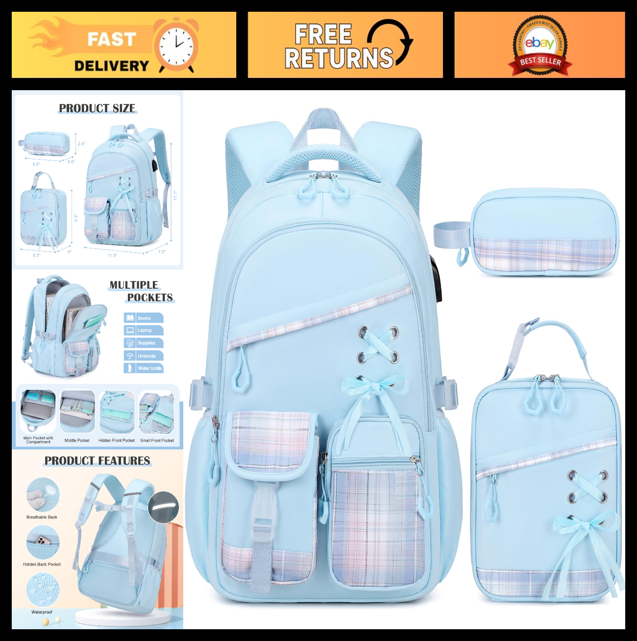 3PCS Girls School Backpack Set with Lunch Box & Pencil Pouch   Stylish & Durable0