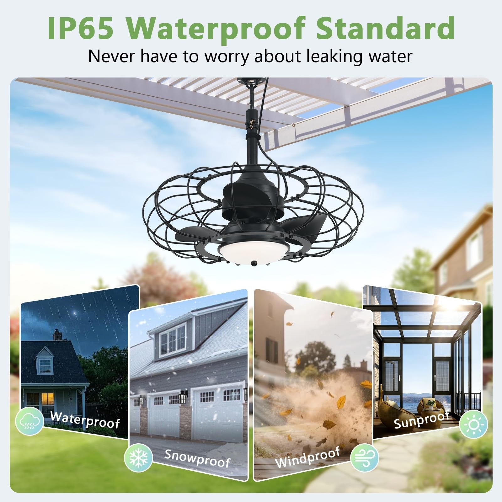 20" Black Outdoor Ceiling Fan with Light & Remote, 6 Speed Waterproof Patio Fan4