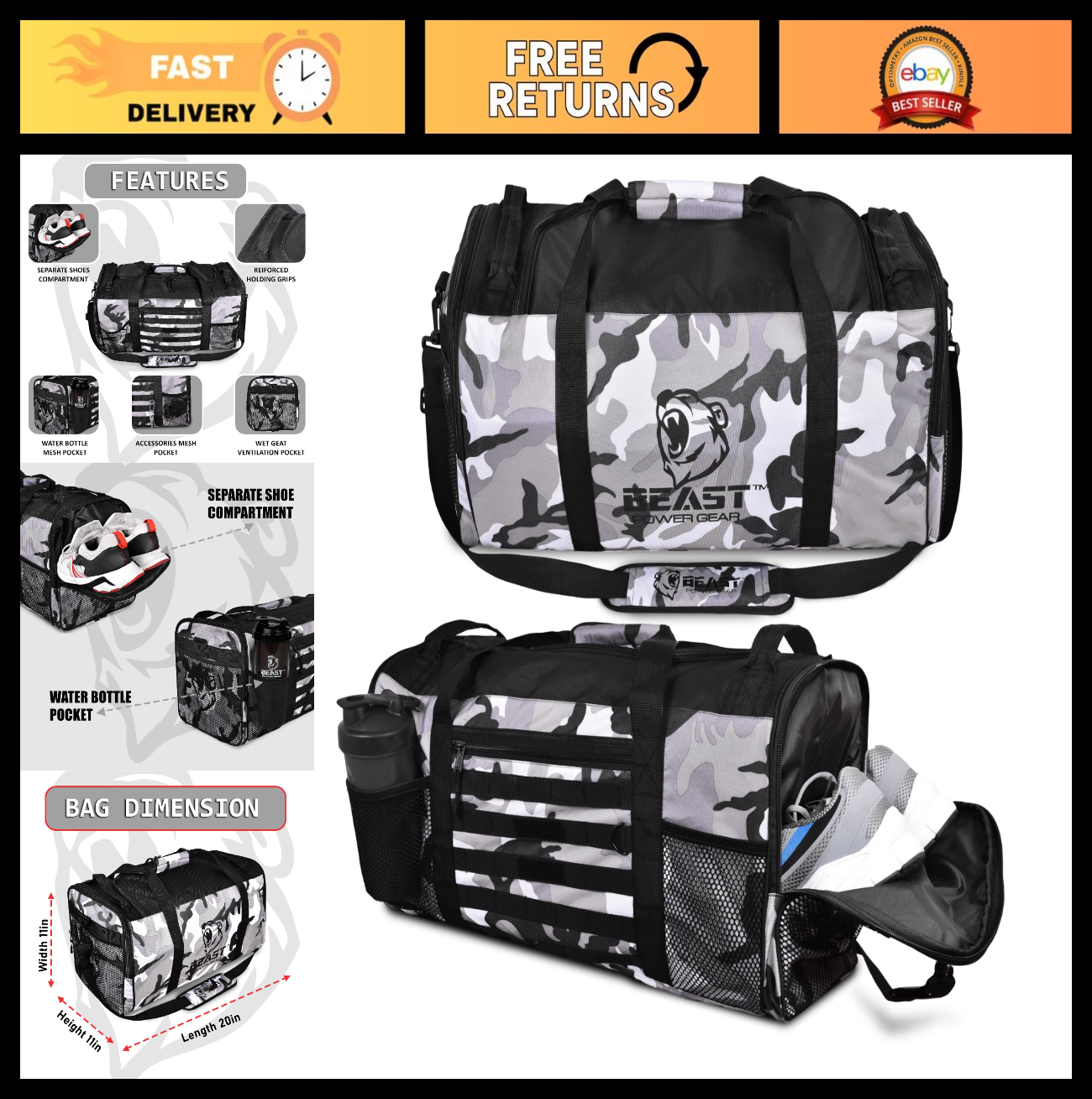 Versatile Gym Duffle Bag for Workout, Boxing, MMA - Shoes Compartment & Adjustab0