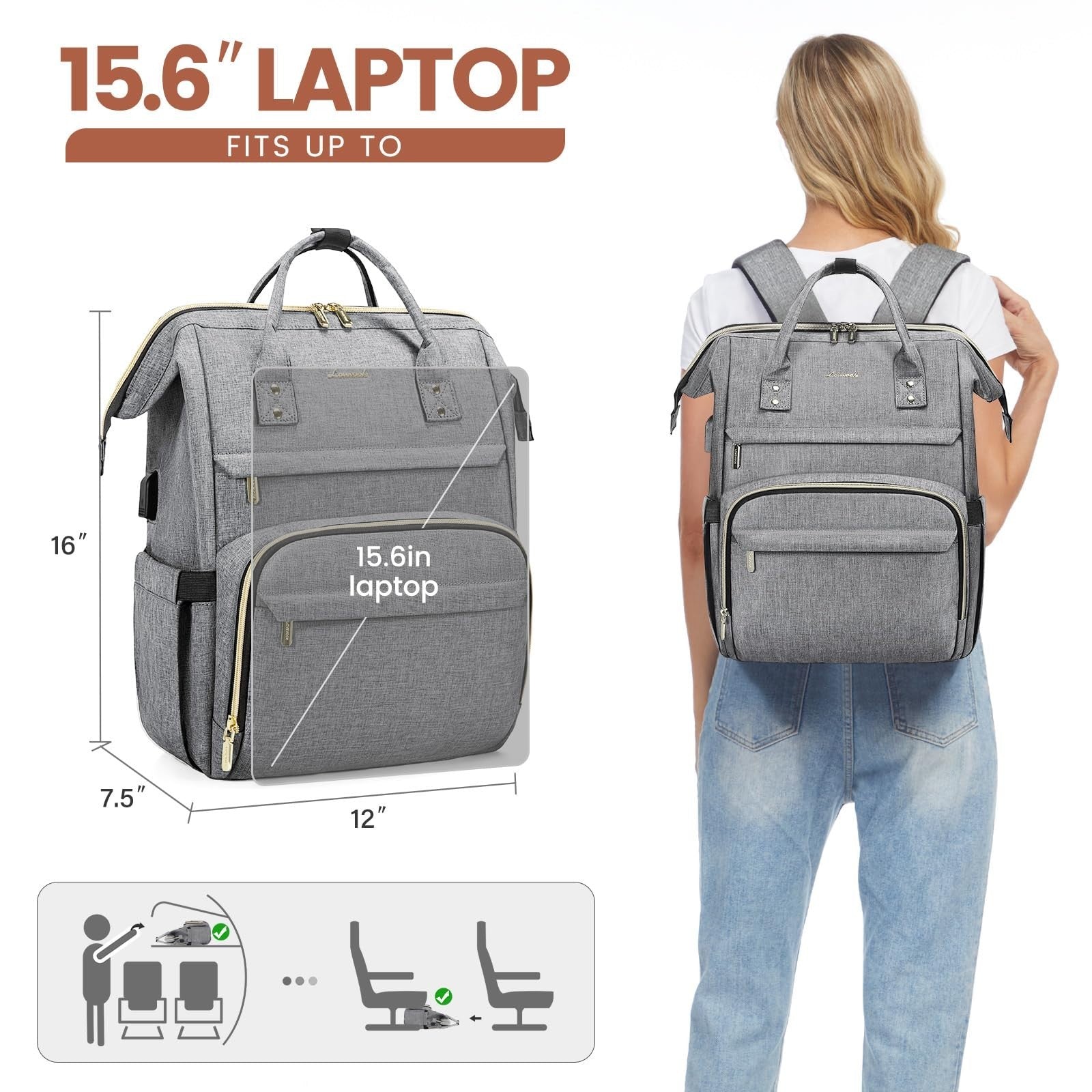 Stylish 15.6" Laptop Backpack for Women, Waterproof Travel Bag with USB Port, Gr5