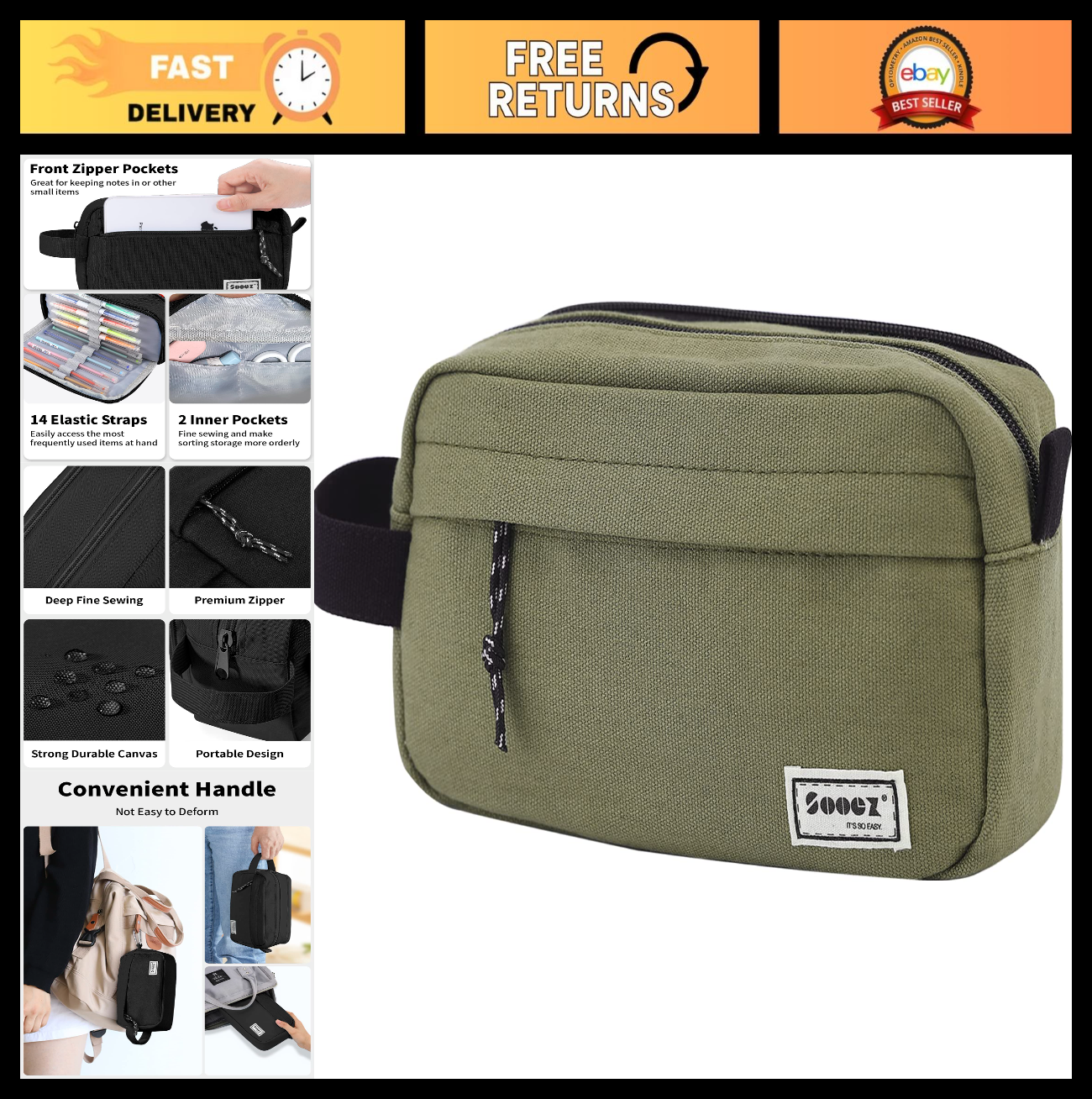 Large Capacity Pencil Case Organizer   Canvas Pouch with Compartments, Easy Grip0