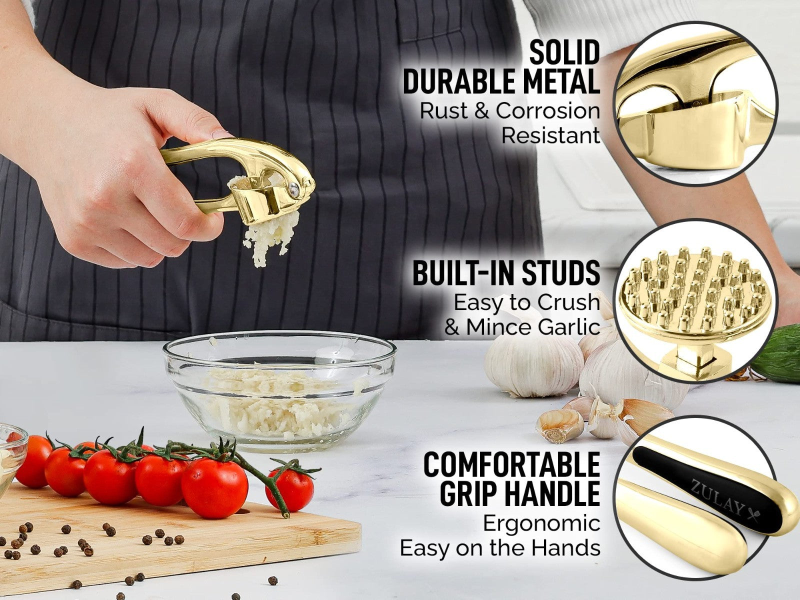 Premium Garlic Press with Soft Handle, Silicone Peeler & Cleaning Brush   3 Piec6