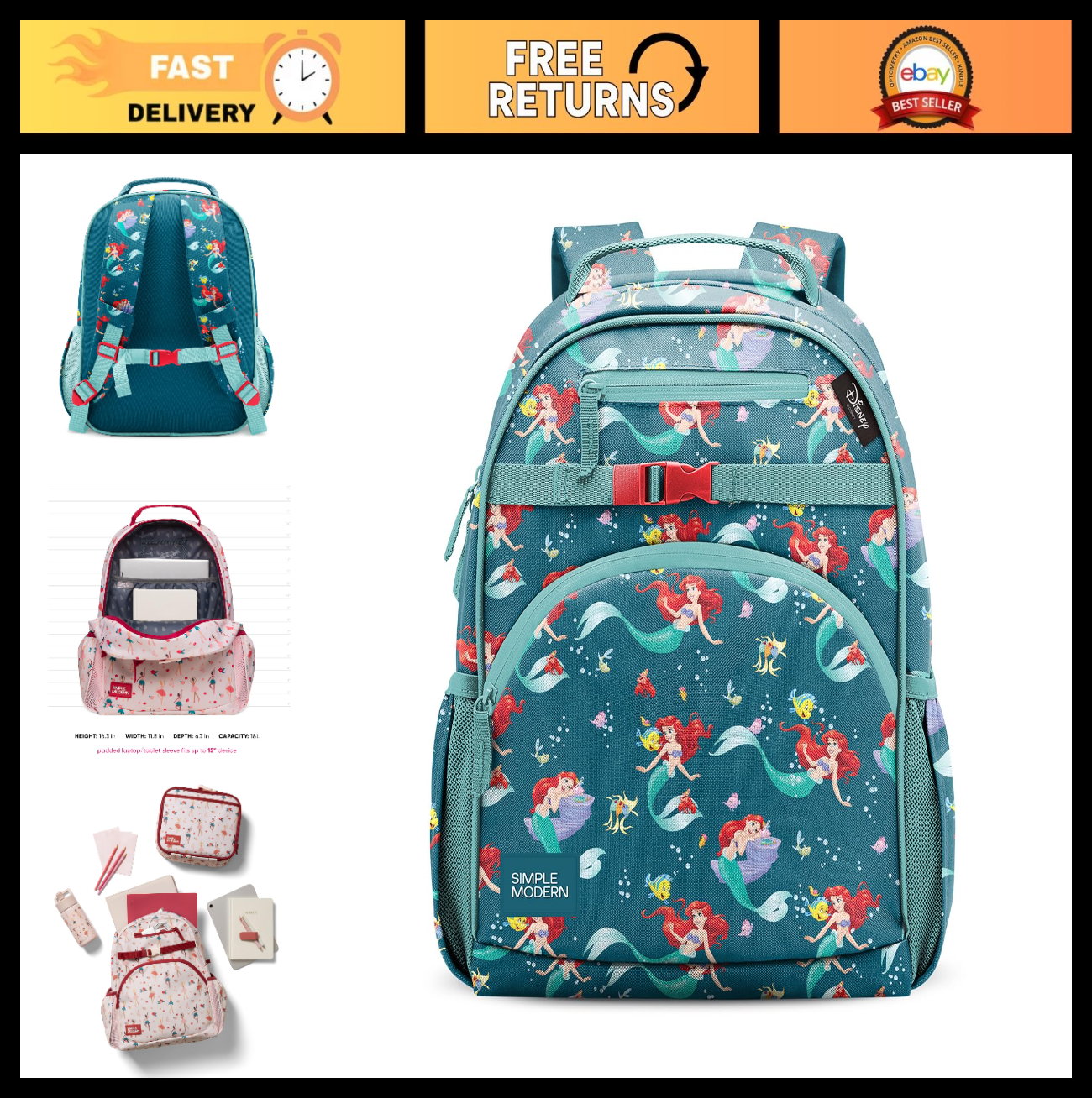 Disney Little Mermaid Kids Backpack 18L   School Bag for Girls, Lightweight & Du0