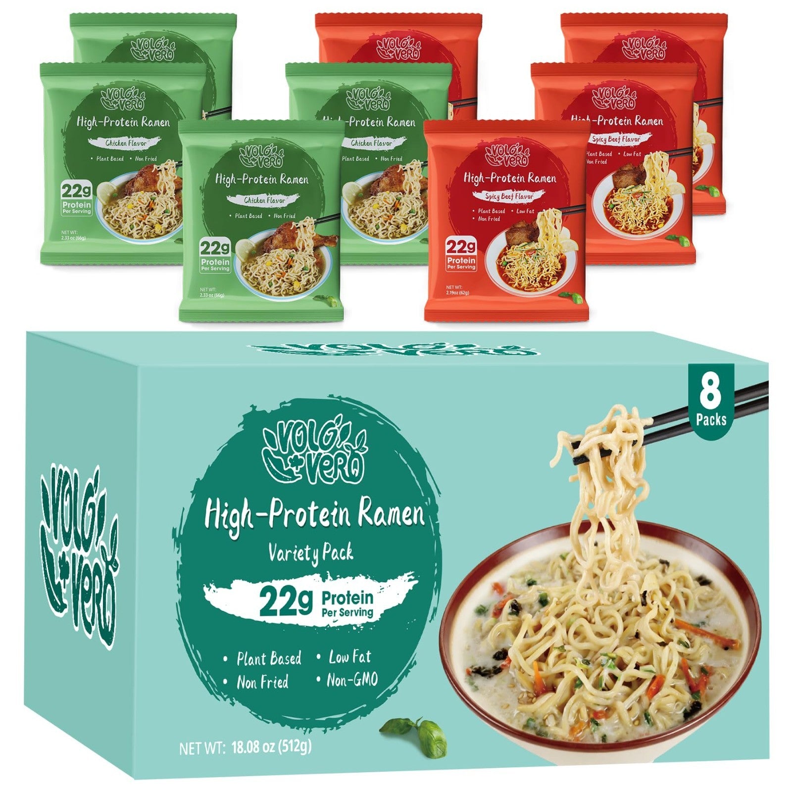 High Protein Vegan Ramen Noodles Variety Pack - 22g Plant Protein, 8 Pack, Low S1