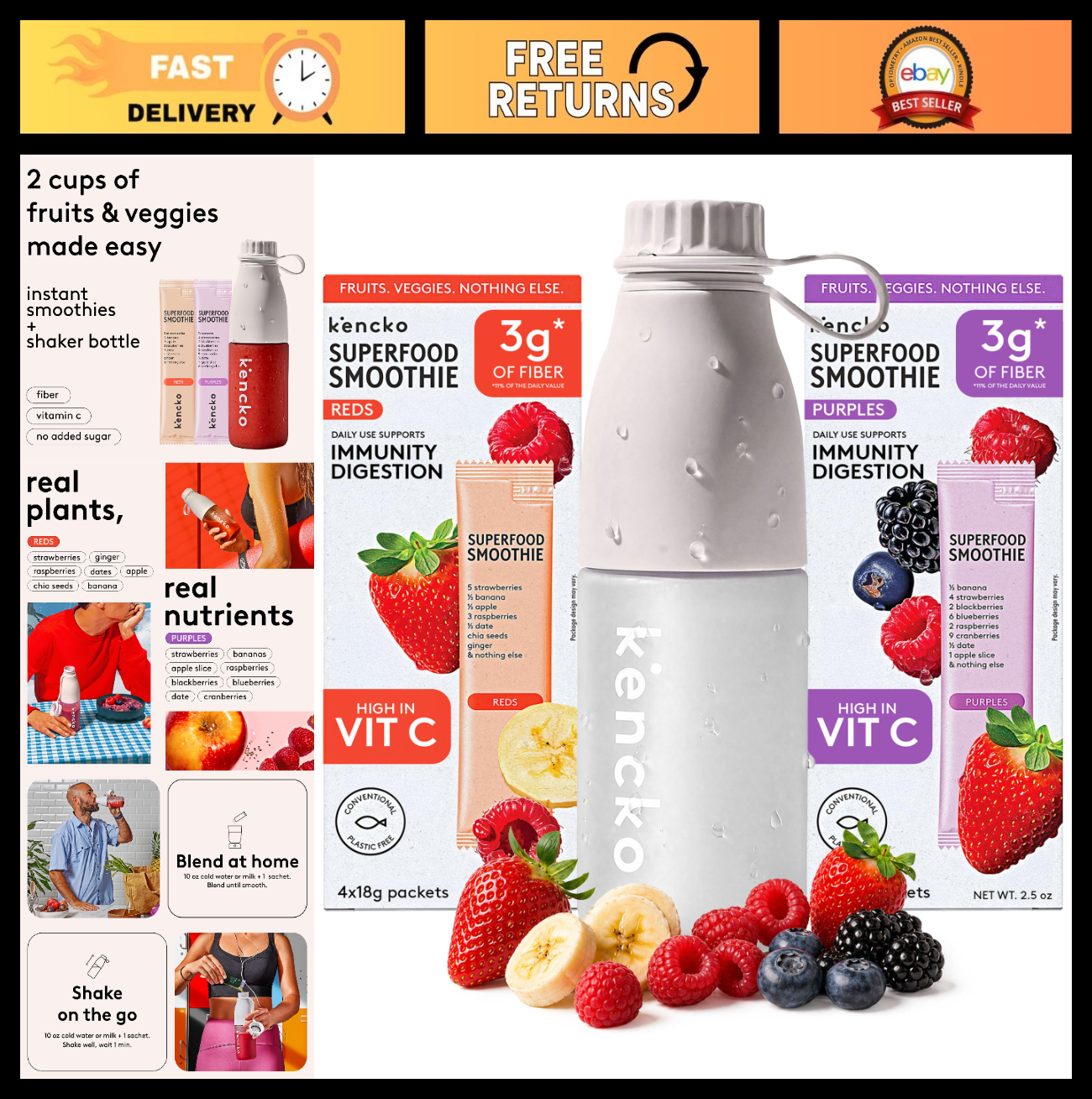Instant Smoothie Powder Mix Starter Kit - 8 Packets, Reusable Bottle, Vegan Supe0