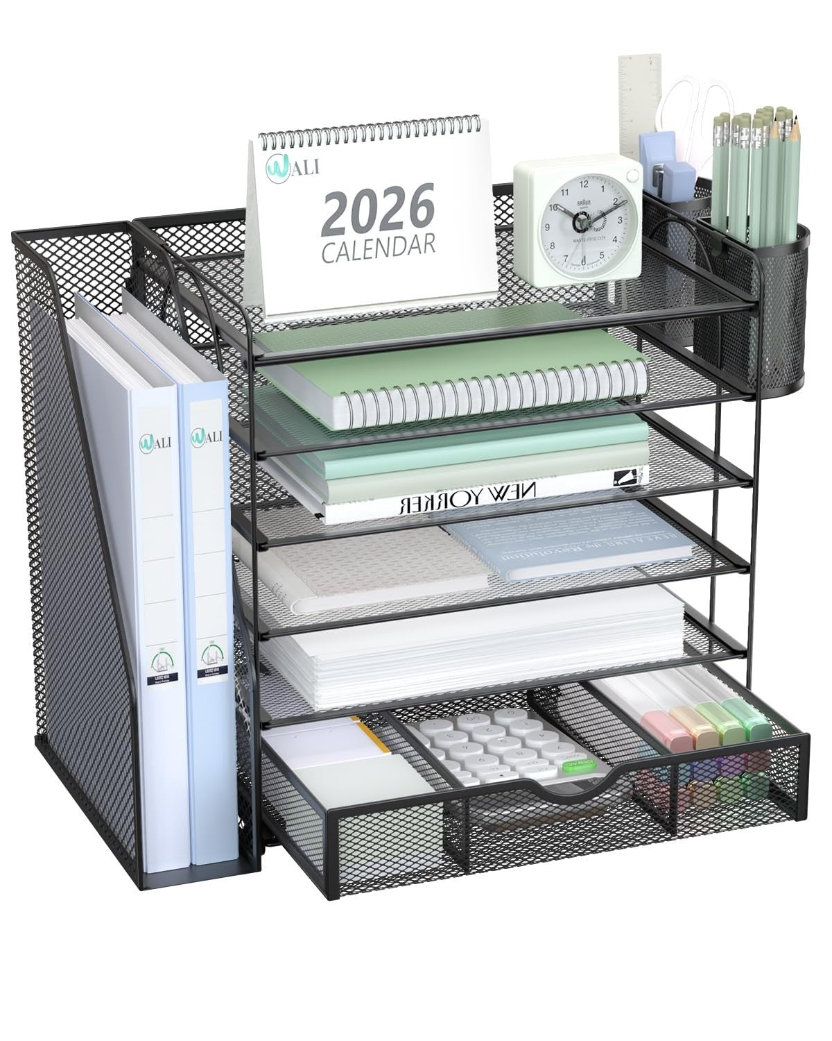 6 Tier Desktop File Organizer with Drawer & Pen Holders   Office Desk Accessorie1