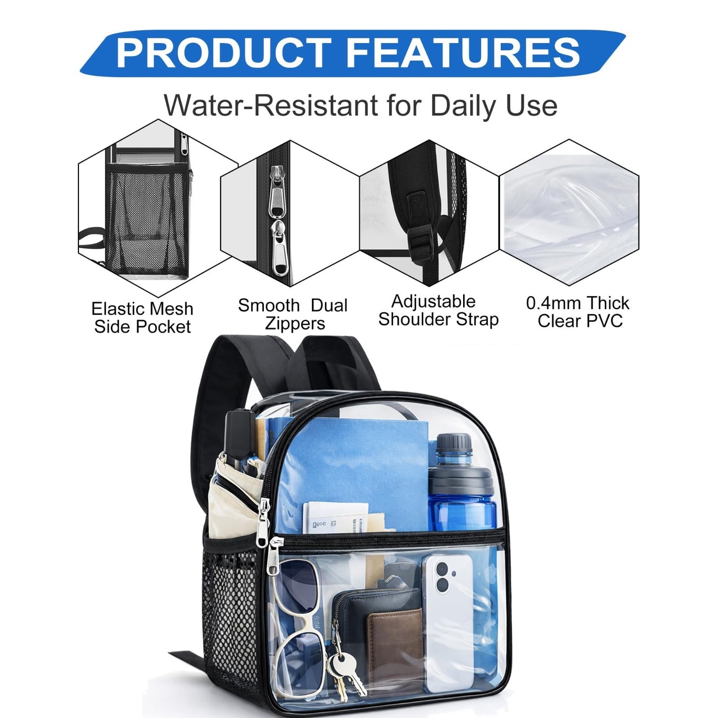 Clear Stadium Approved Backpack - Transparent 12"x6"x11" for Concerts & Events,6