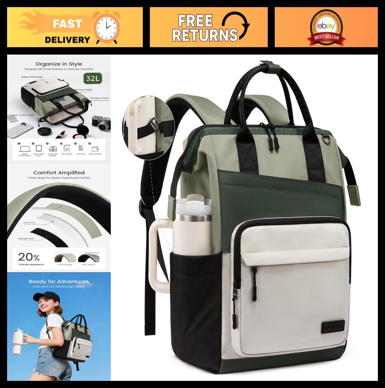 Stylish 17" Laptop Backpack for Women   Water Resistant, Large Capacity Travel B0