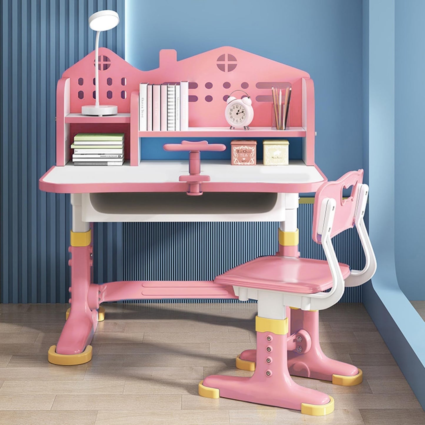 Kids Adjustable Height Study Desk & Chair Set, Cartoon Pattern, Widened Desktop,3