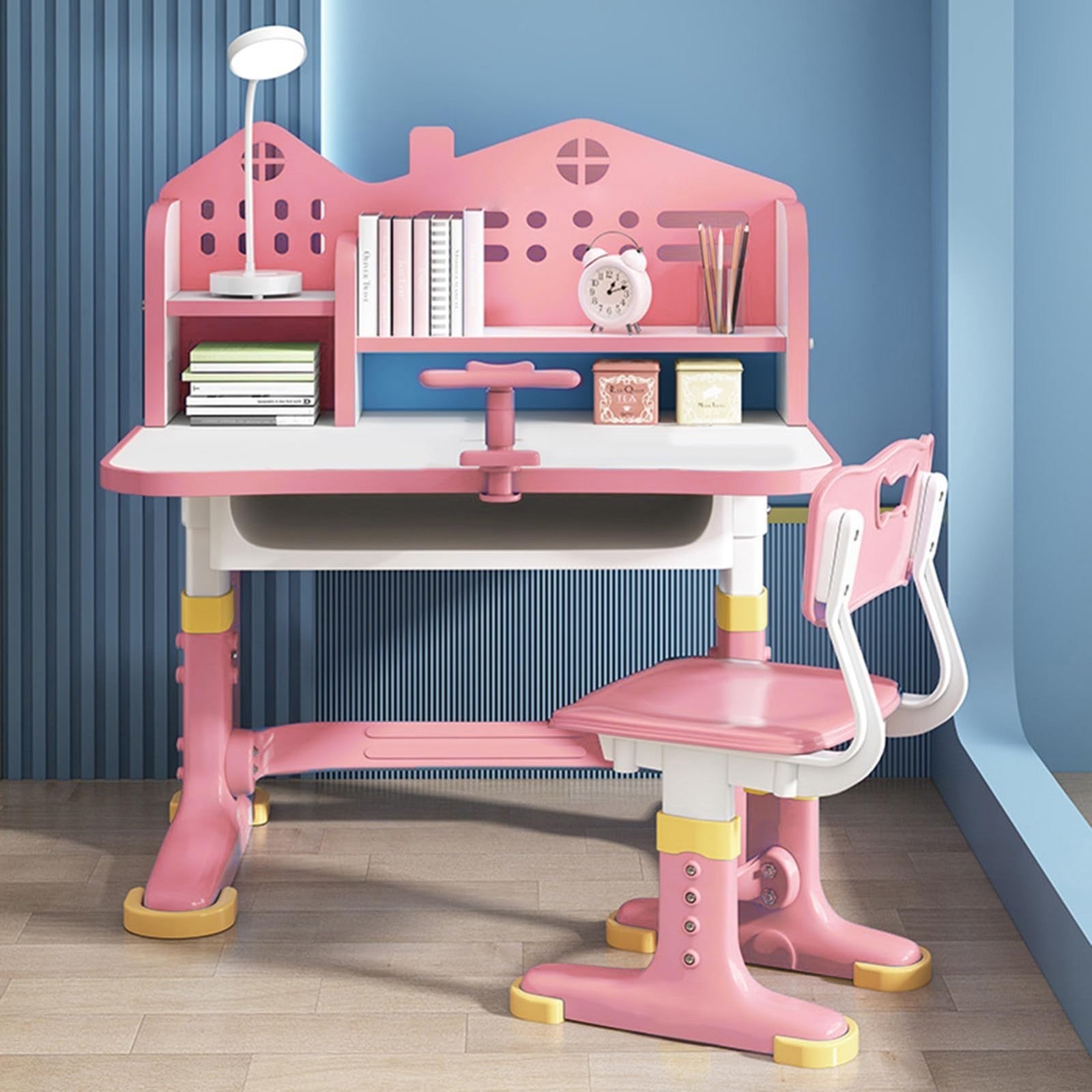 Kids Adjustable Height Study Desk & Chair Set, Cartoon Pattern, Widened Desktop,3