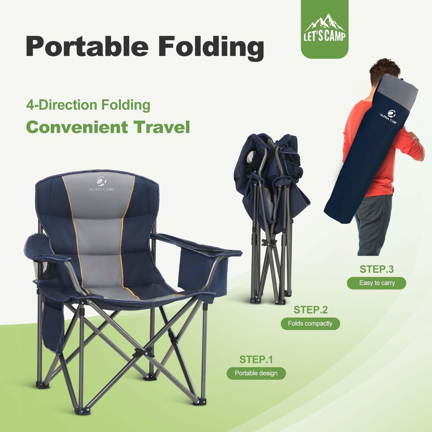 Oversized Heavy Duty Folding Camping Chair - Padded, Cup Holder & Cooler Bag, 458
