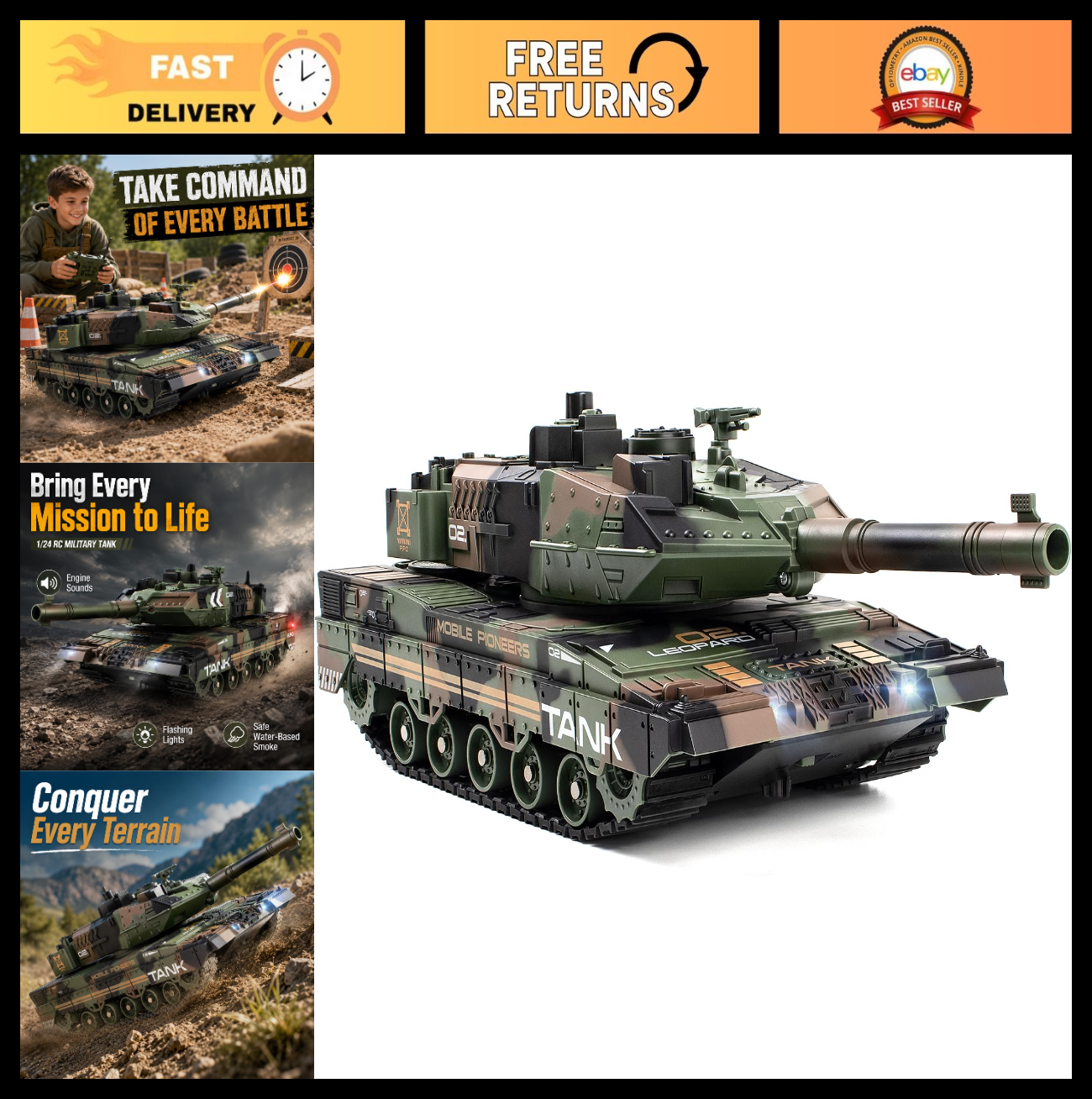 1:24 Scale Remote Control Army Tank - 360° Turret, BB Shooting, All-Terrain Clim0