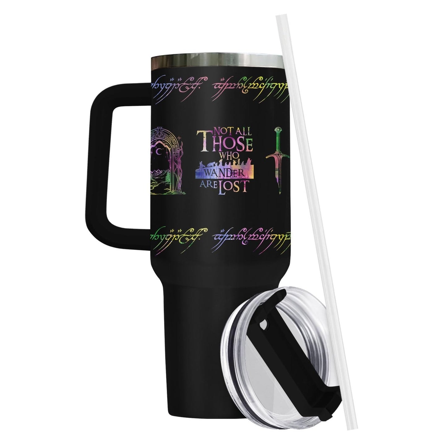 40oz Insulated Travel Mug with Handle & Straw   Fantasy Wanderer Tumbler, Bookis4