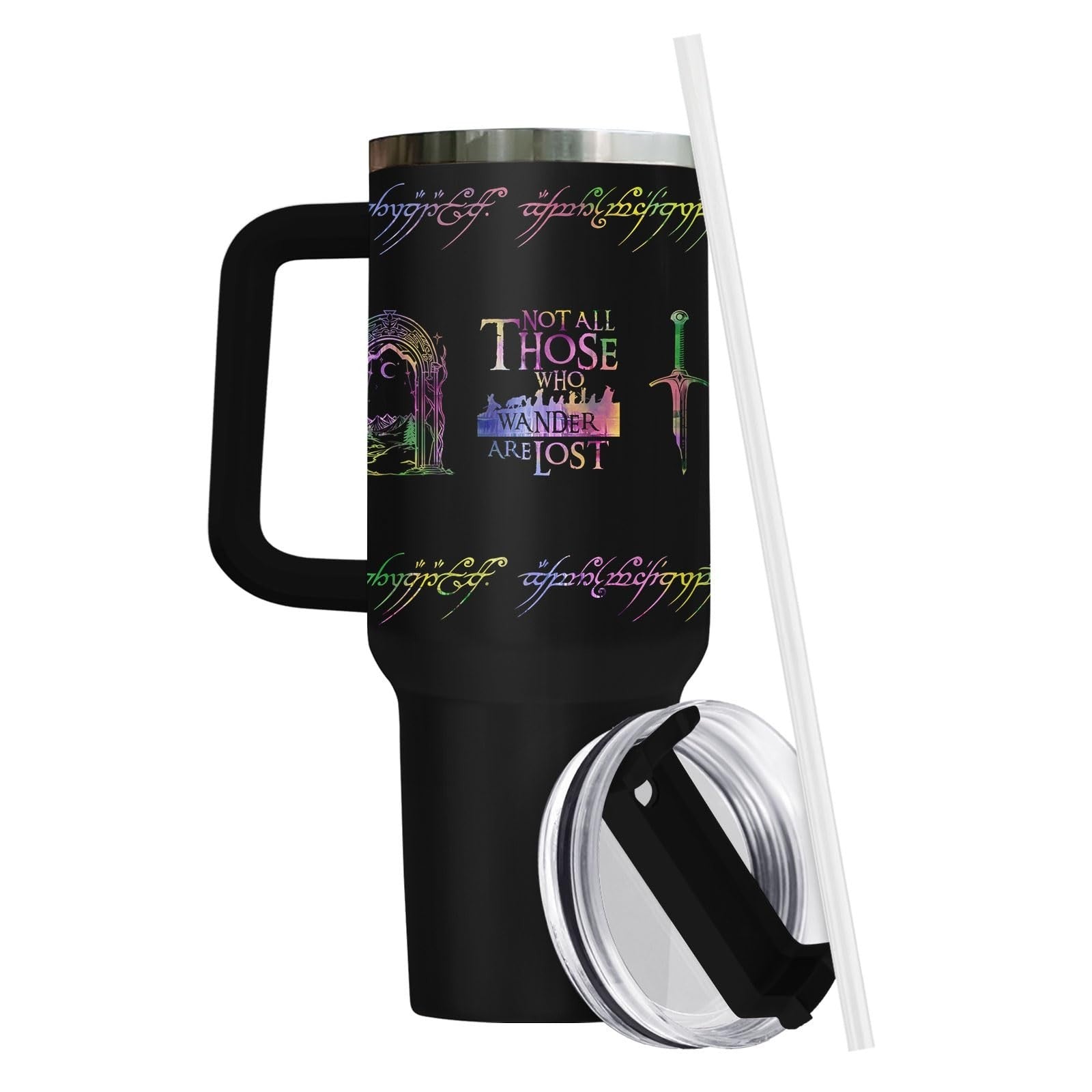 40oz Insulated Travel Mug with Handle & Straw   Fantasy Wanderer Tumbler, Bookis4
