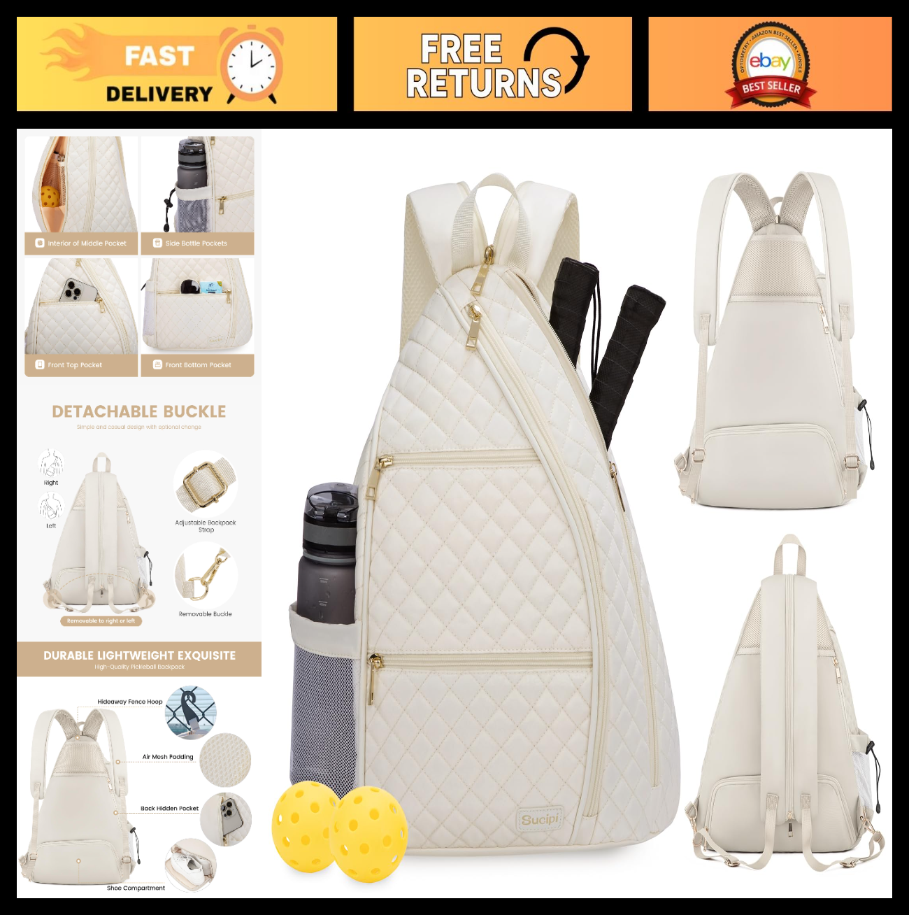 Quilted Crossbody Sling Backpack for Women - Tennis & Pickleball Paddle Bag0