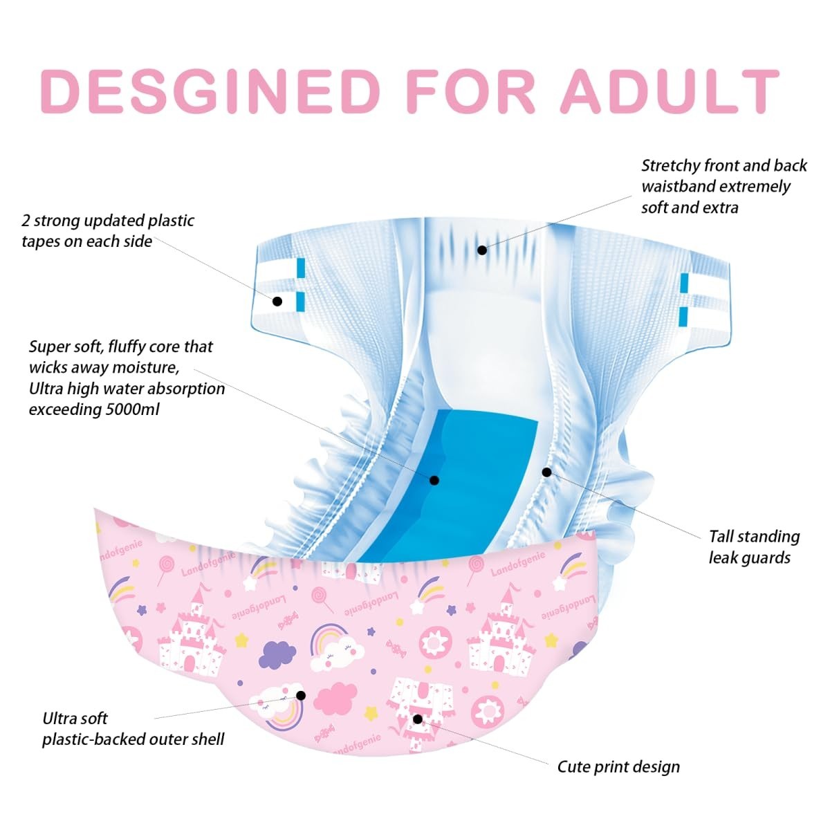Adult Diapers 10 Count - 5 Patterns, 5000 mL Absorbency, Leak-Proof, Elastic Cuf5