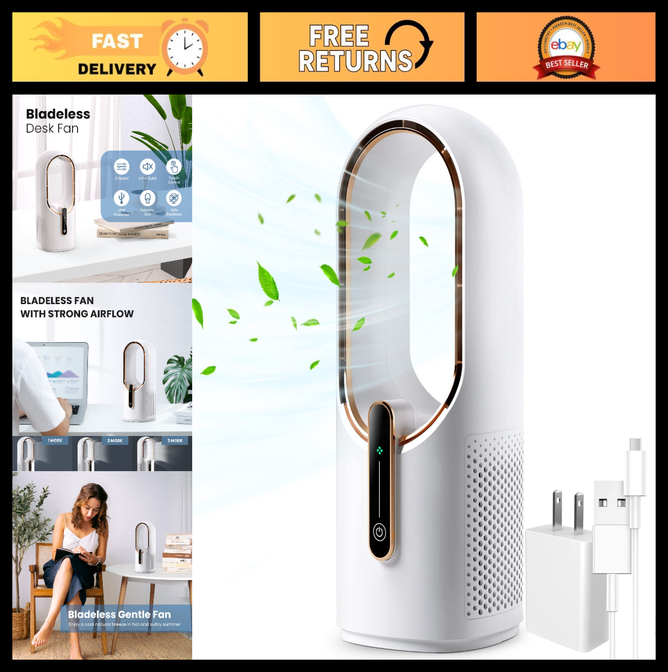 Bladeless Desk Fan 11.8 Inch   Quiet 3 Speed Touch Control, Easy to Clean, Small0