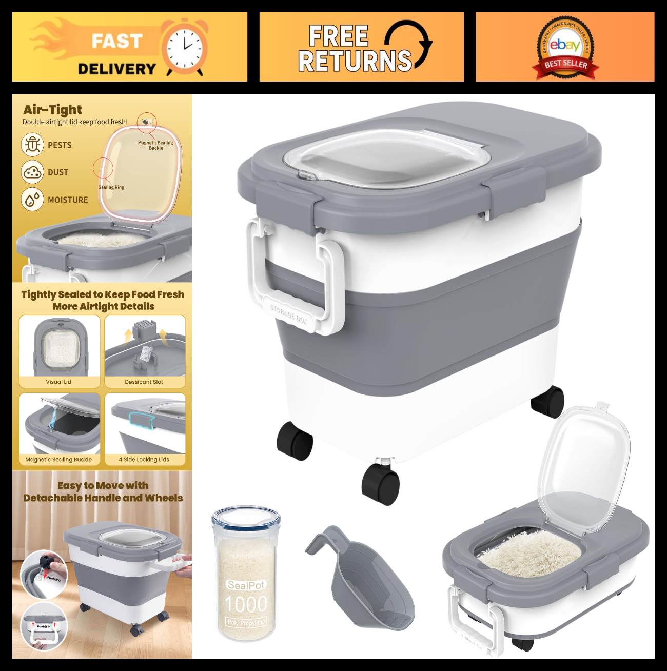 Collapsible Rice Container 20 30Lbs   Airtight Food Storage Solution, Space Savi0