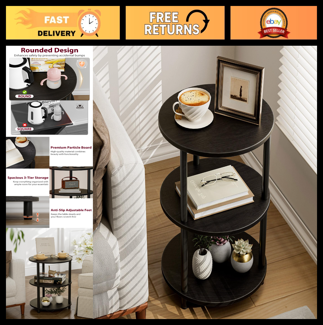 Round Coffee Table - Industrial Vintage Nightstand for Living Room, Bedroom & Sm0