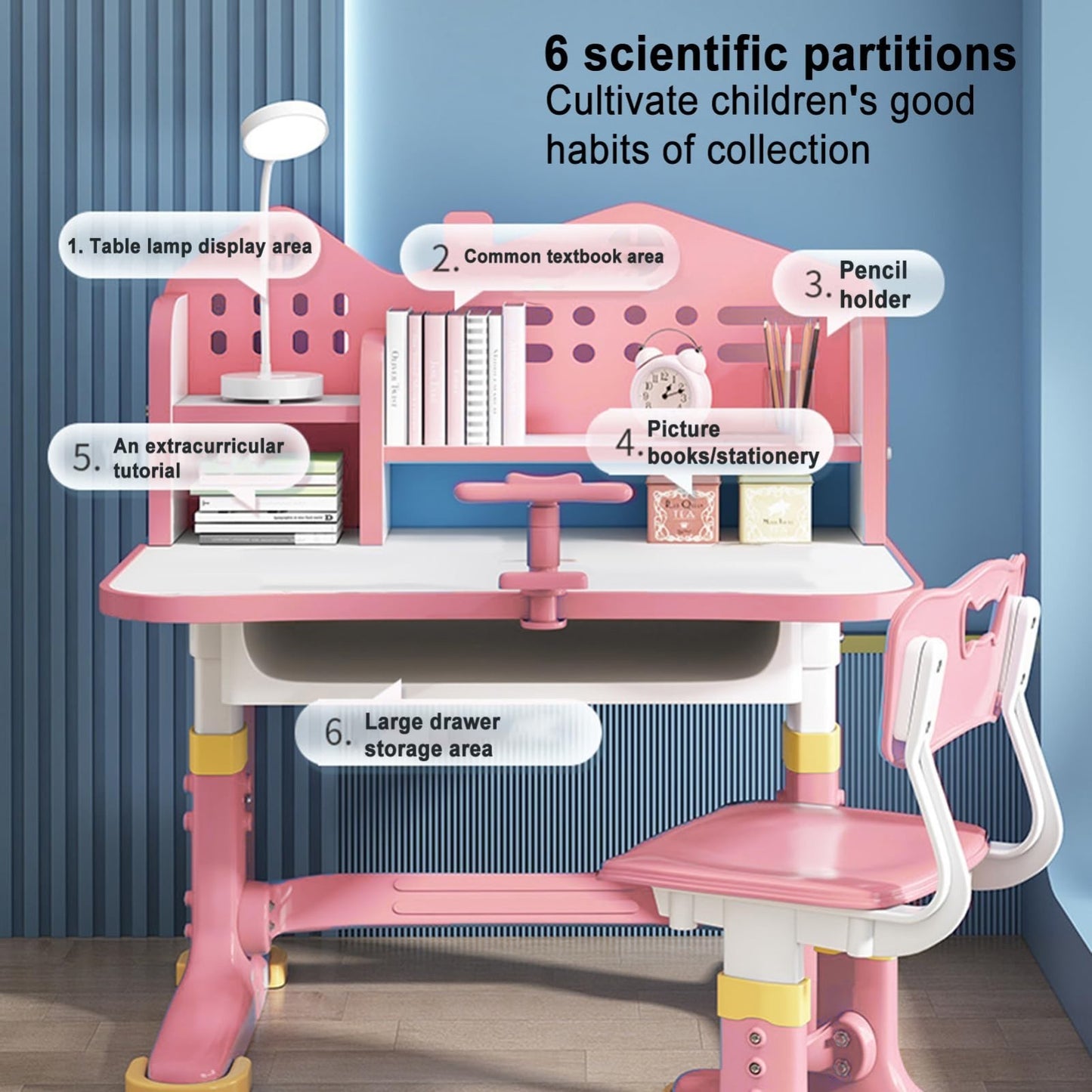 Kids Adjustable Height Study Desk & Chair Set, Cartoon Pattern, Widened Desktop,5