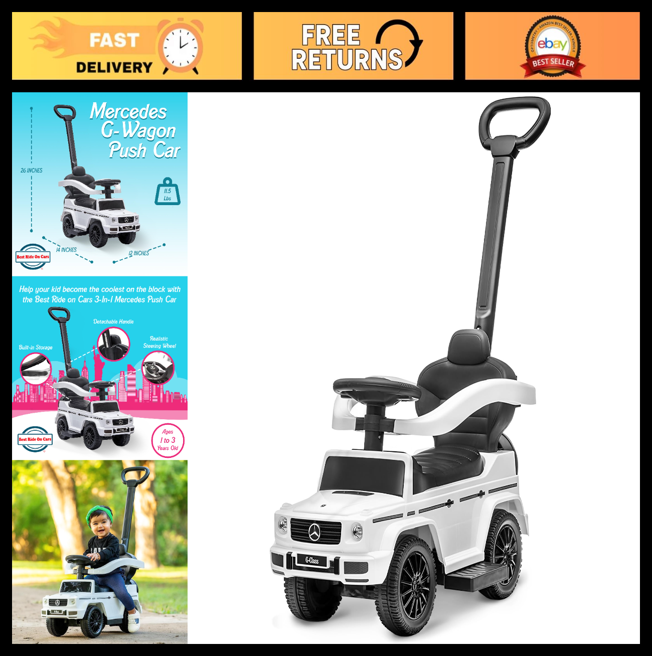 Kids Ride-On Car Stroller Mercedes G-Wagon for Toddlers 1-3, Music & Horn, White0