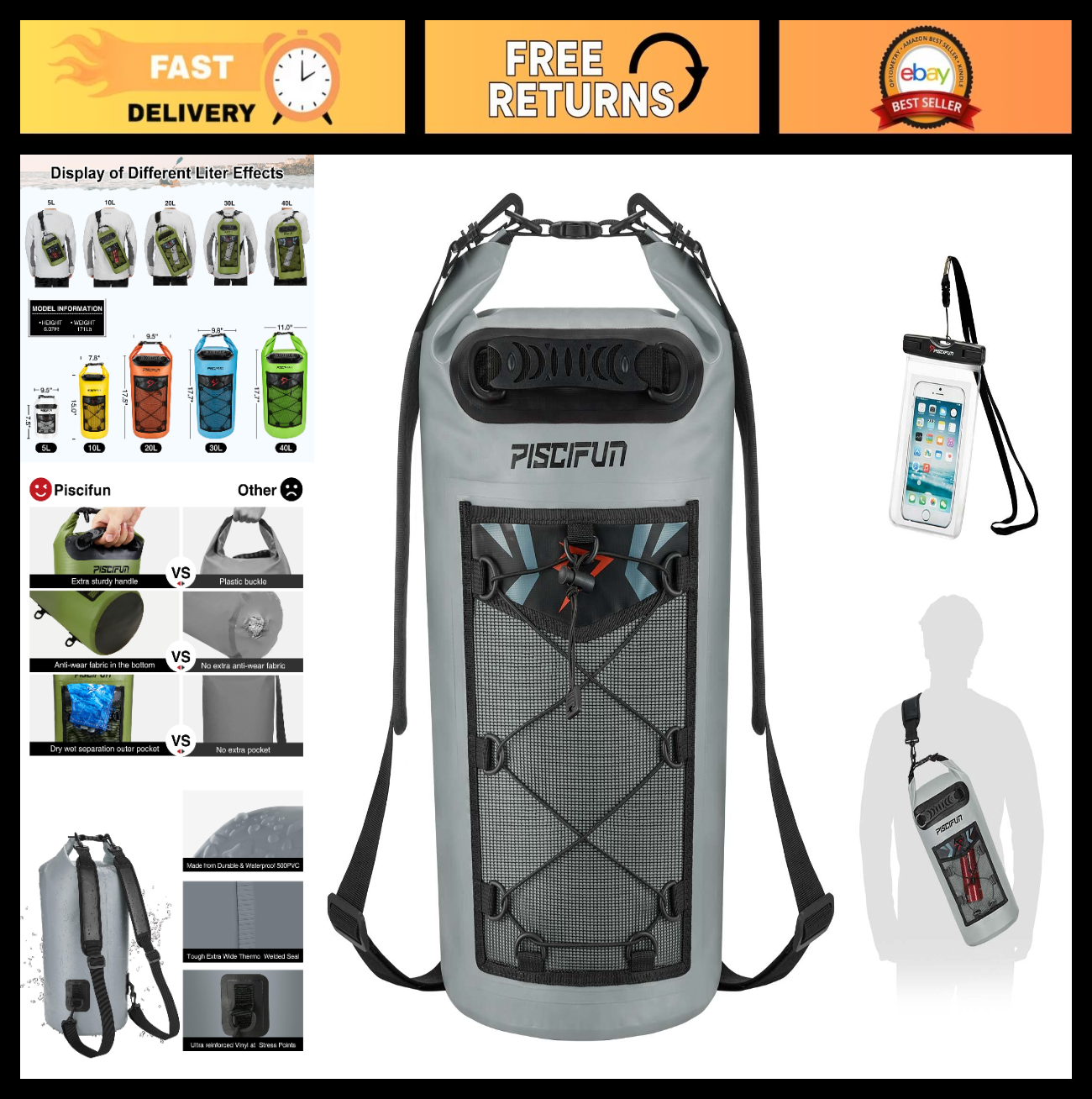 Waterproof Floating Dry Bag Backpack 10L/20L/30L/40L + Phone Case for Kayaking,0