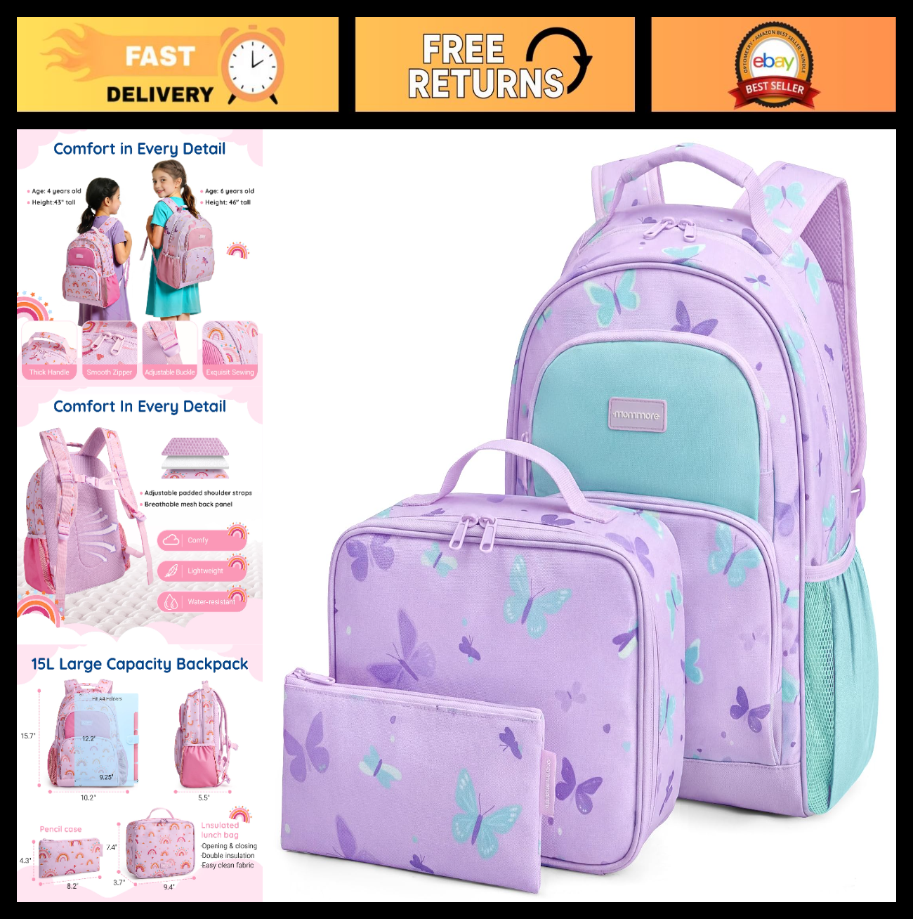 Kids Backpack Set for Kindergarten & Preschool, 3 PCS with Lunch Box & Pencil Ca0