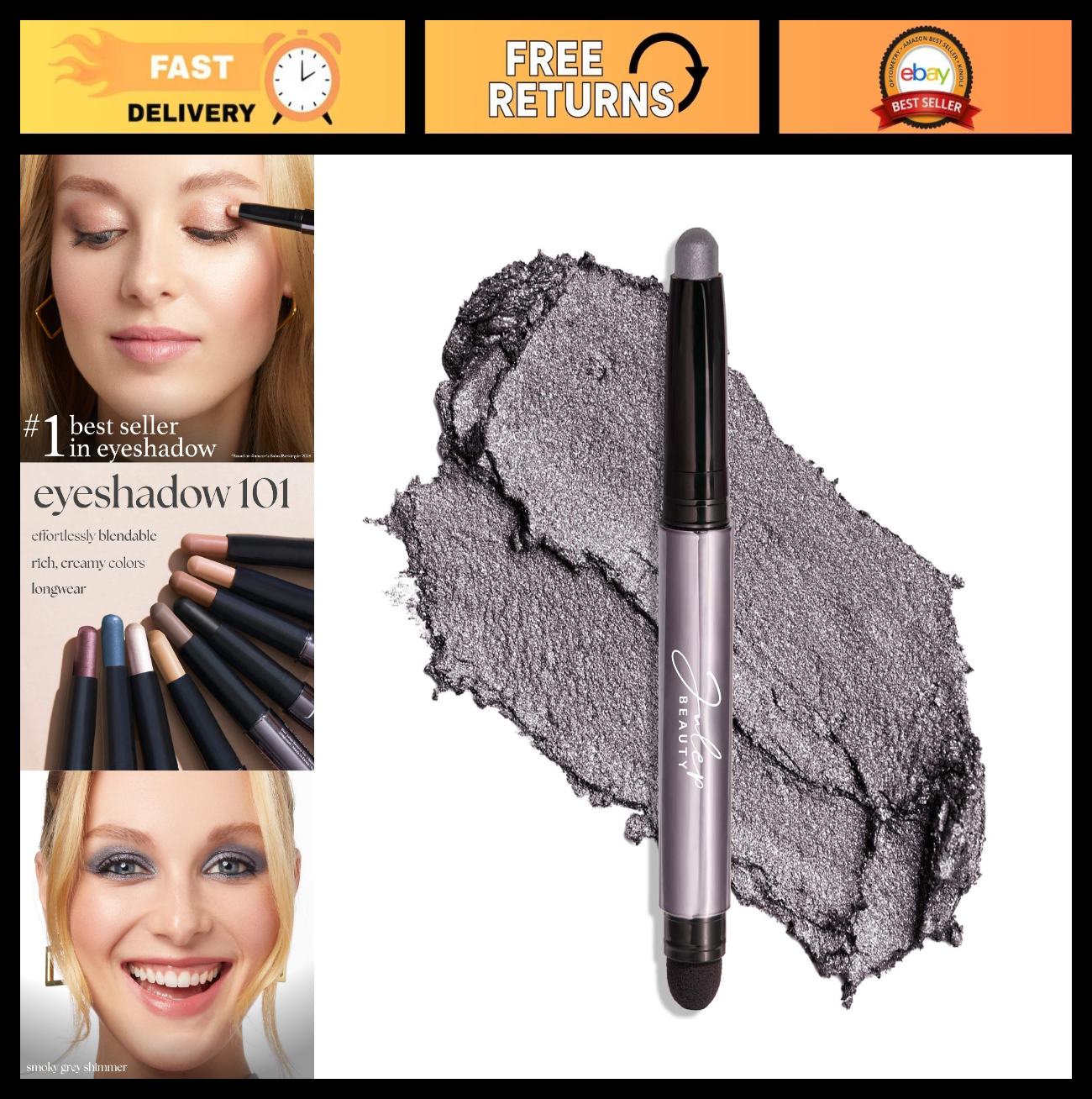 Crème-to-Powder Eyeshadow Stick - Smoky Grey Shimmer, Long-lasting & Easy Apply0