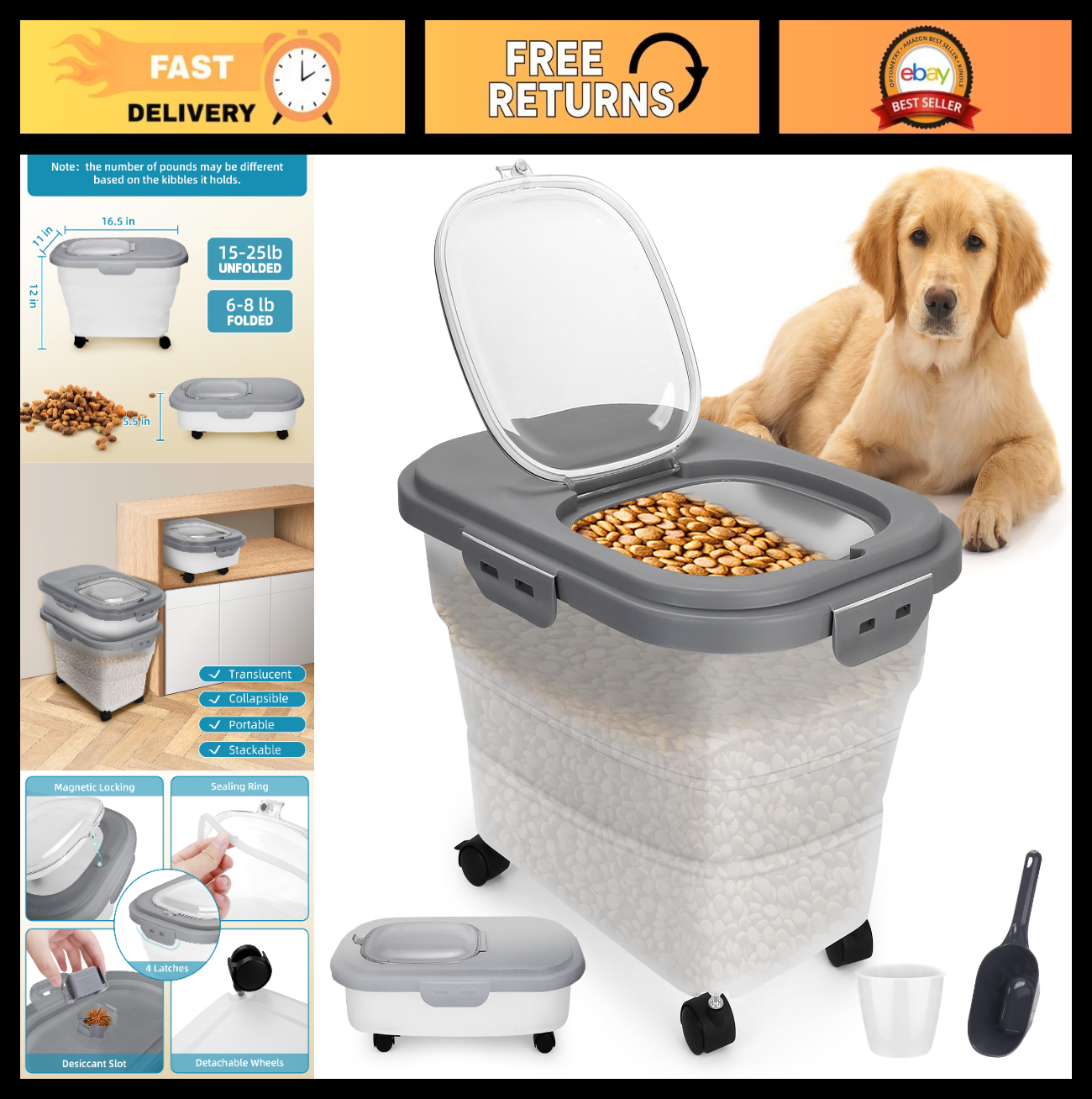 Collapsible Pet Food Storage Container with Airtight Lid & Detachable Casters, I0
