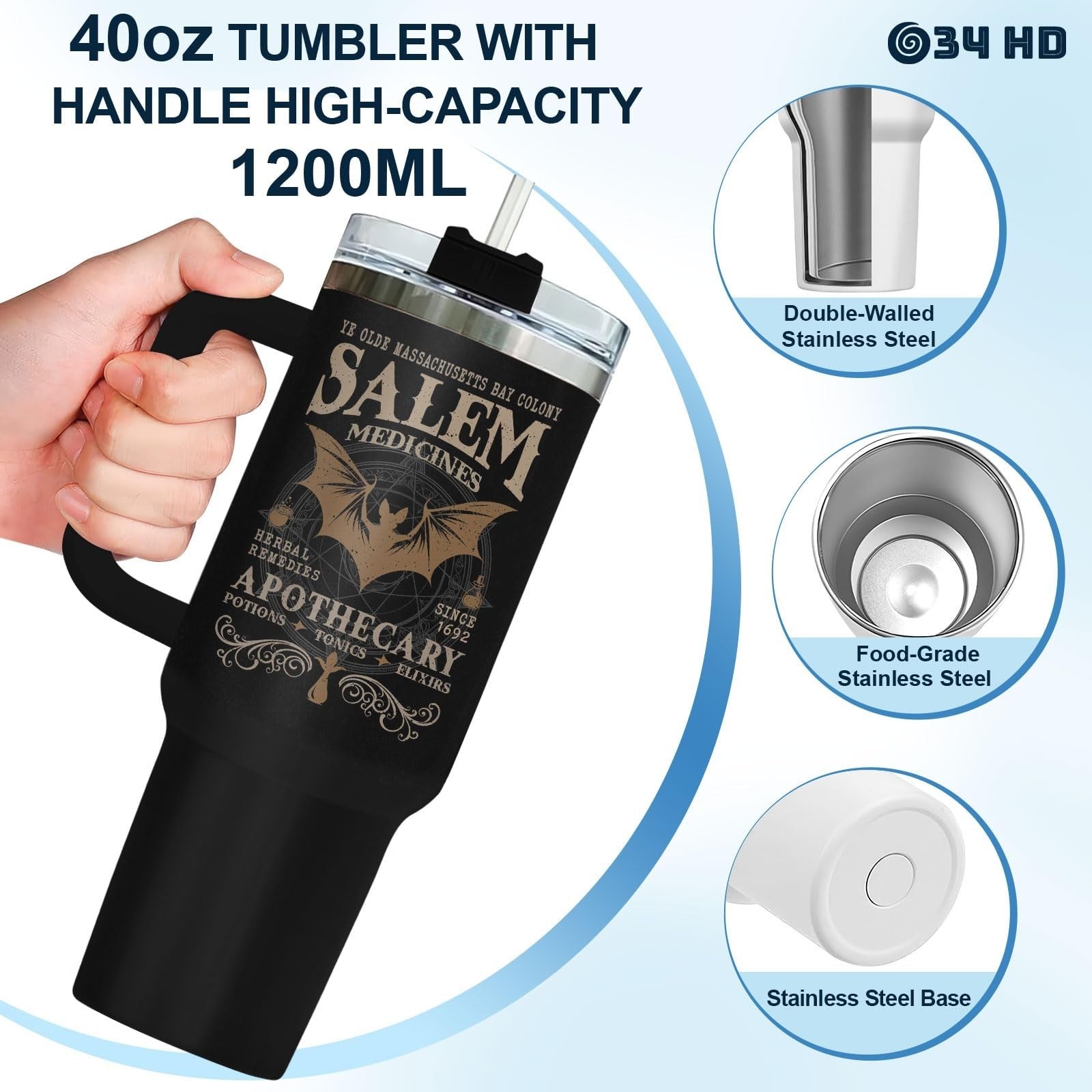 Gothic Insulated Travel Mug 40oz with Handle & Straw   Witch Themed Coffee Tumbl8