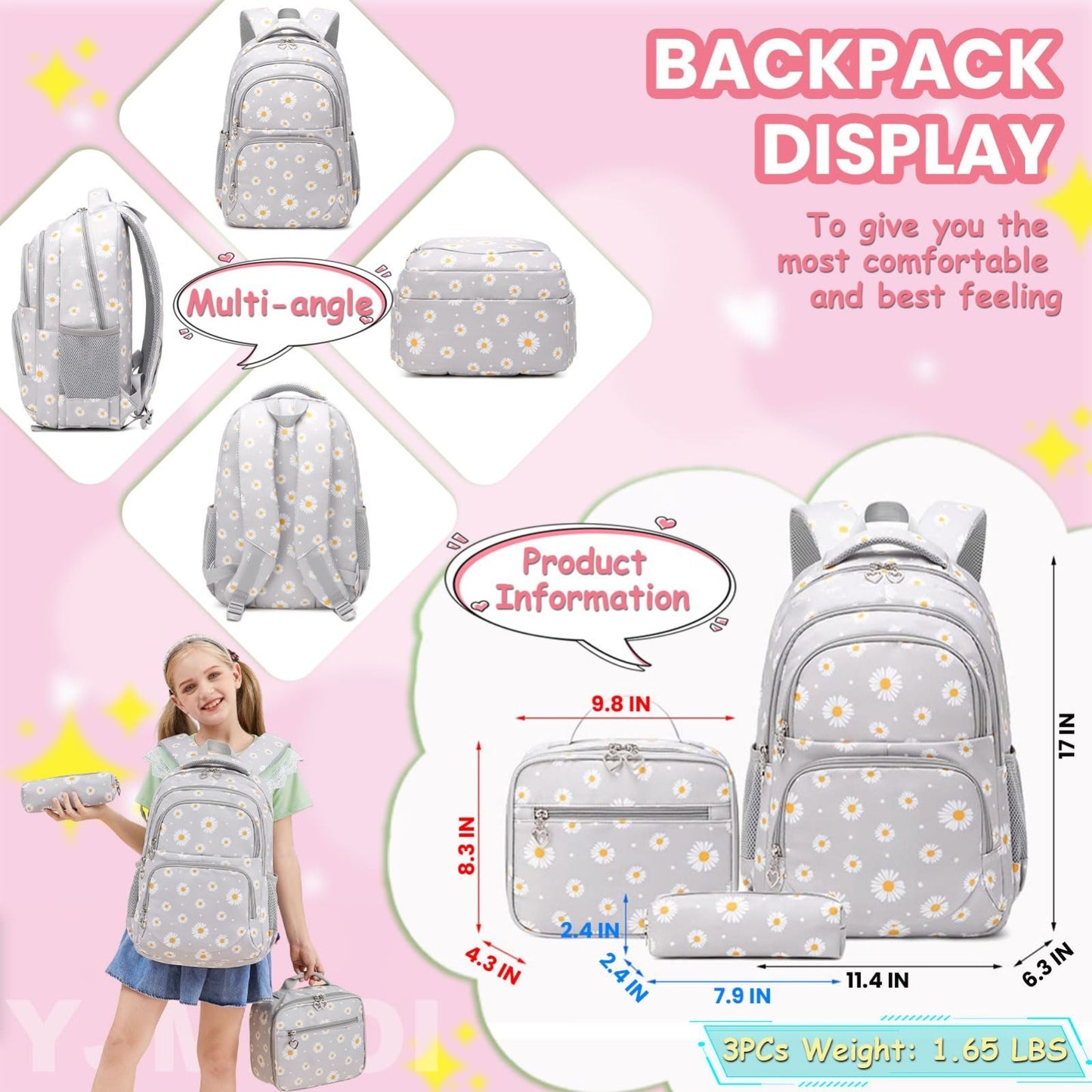 Daisy Print Backpack Set for Girls   3 Pcs Bookbag with Lunch Box   Green, Schoo2