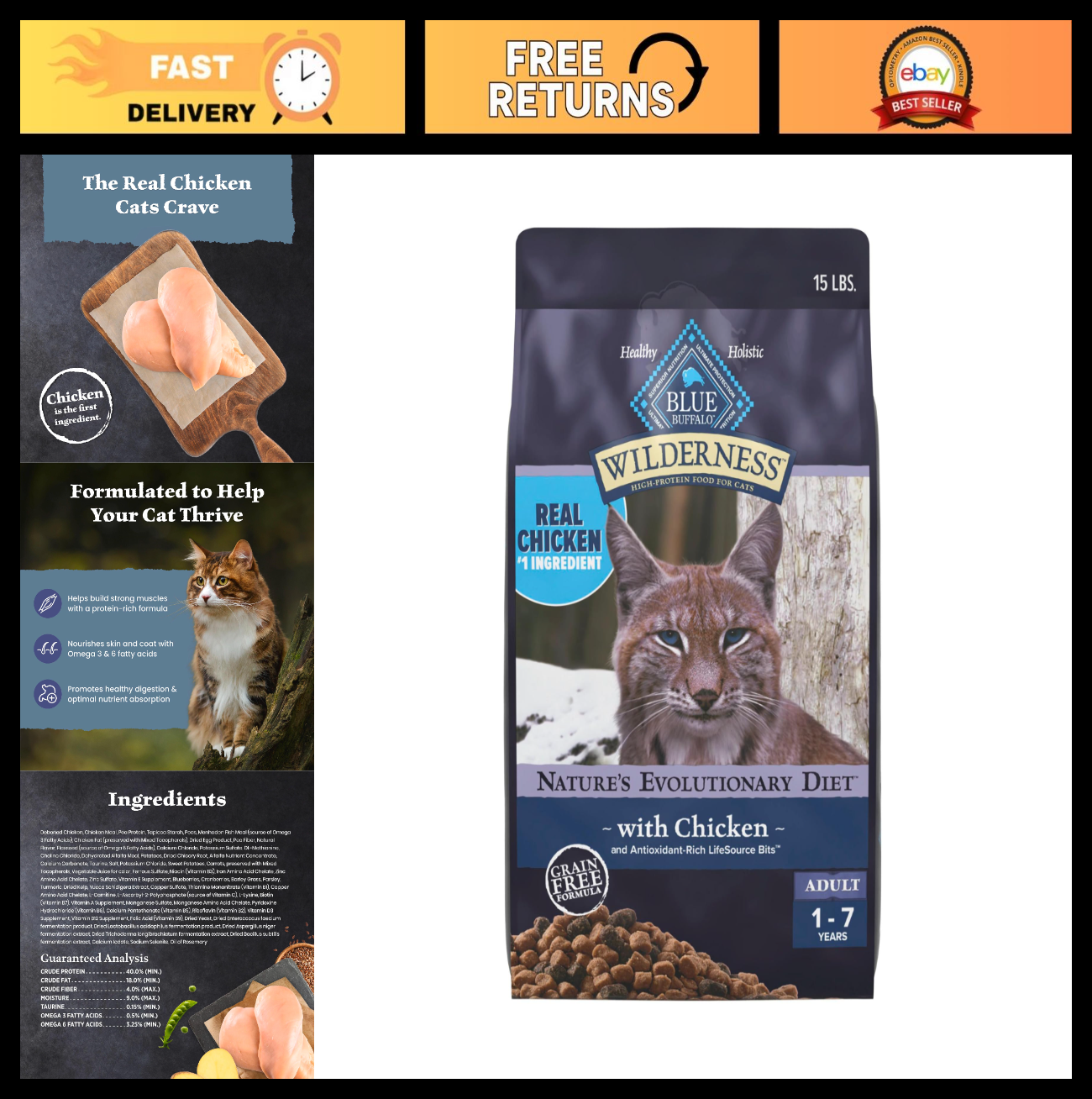 Grain Free Chicken Dry Cat Food for Adults, High Protein, 15 lb Bag0
