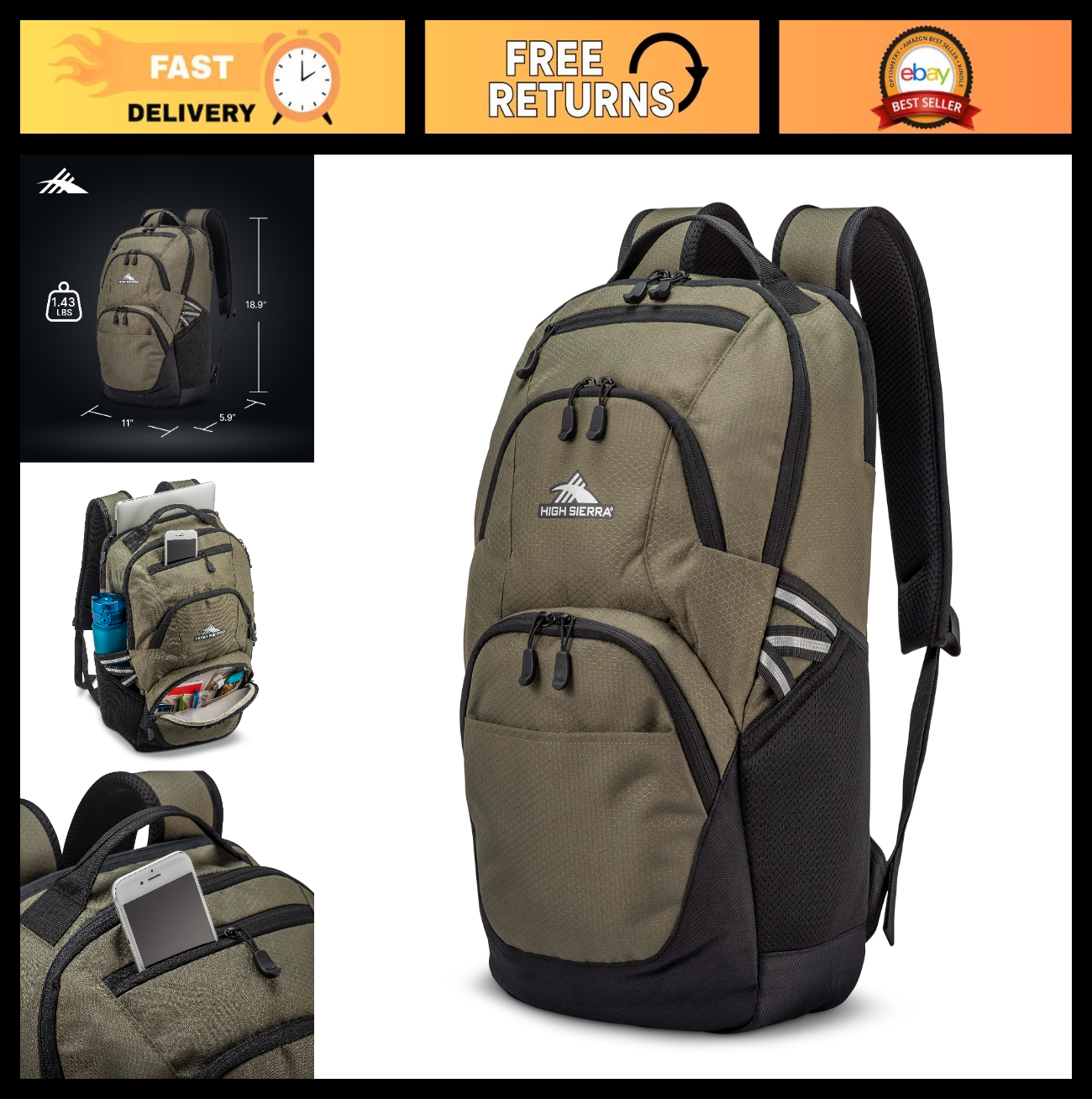 Lightweight Backpack for Laptops, Large Main Compartment, Dual Water Bottle Pock0