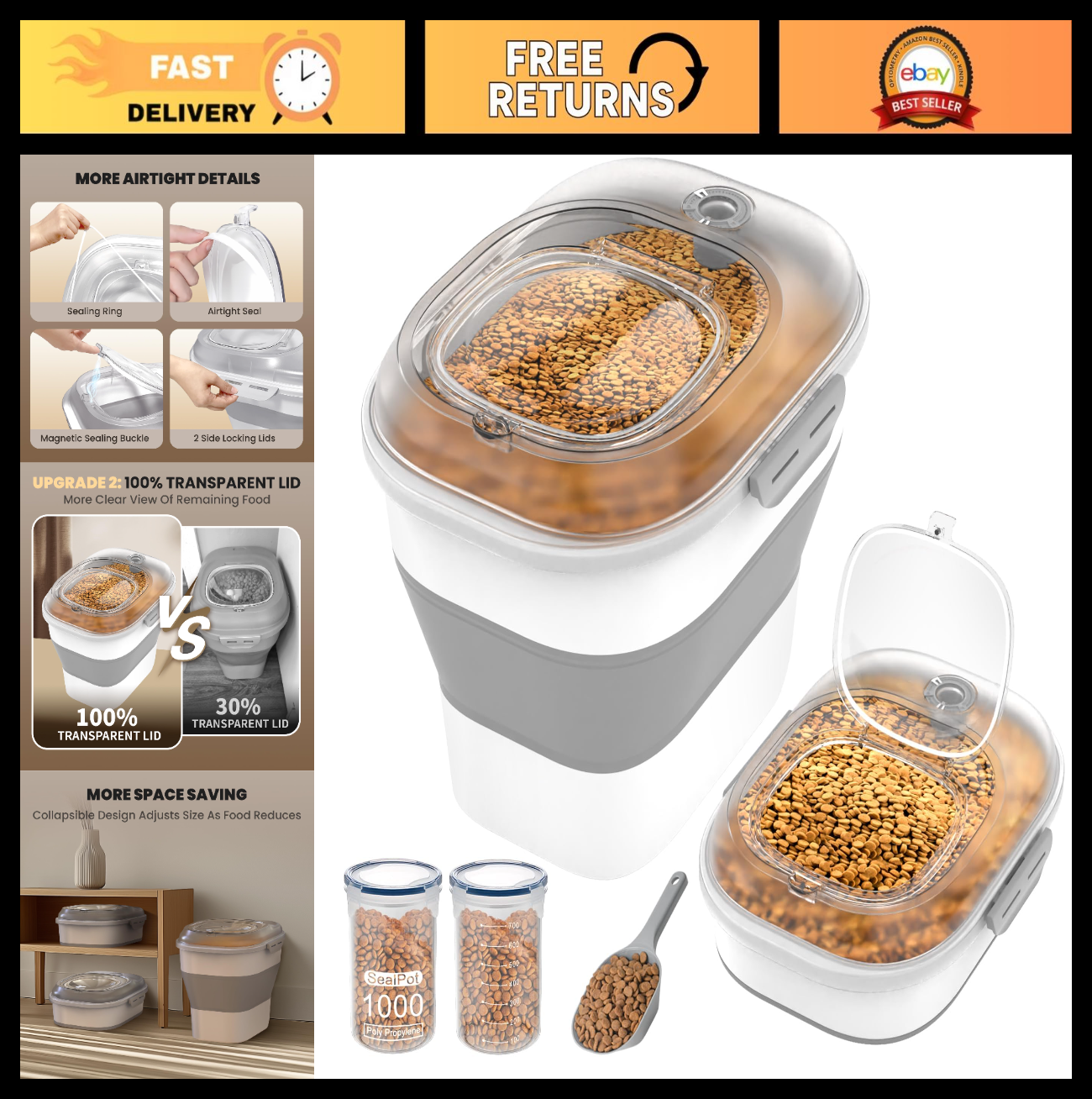 Collapsible Dog Food Storage Container on Wheels   32 35 Lbs Capacity, Airtight0
