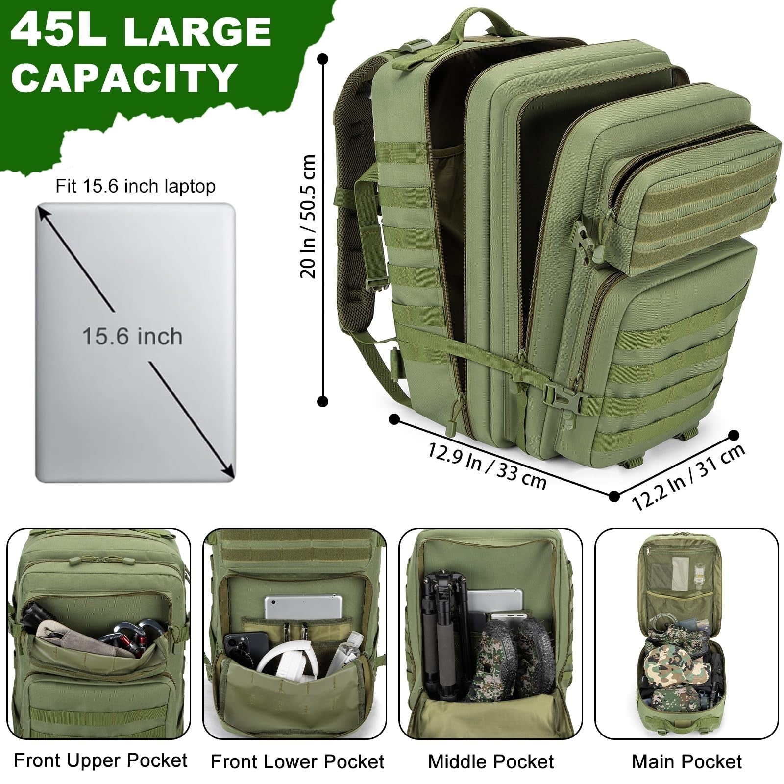 Large 45L Tactical Backpack Military MOLLE 3 Day Bug Out Gear, Survival Pack2