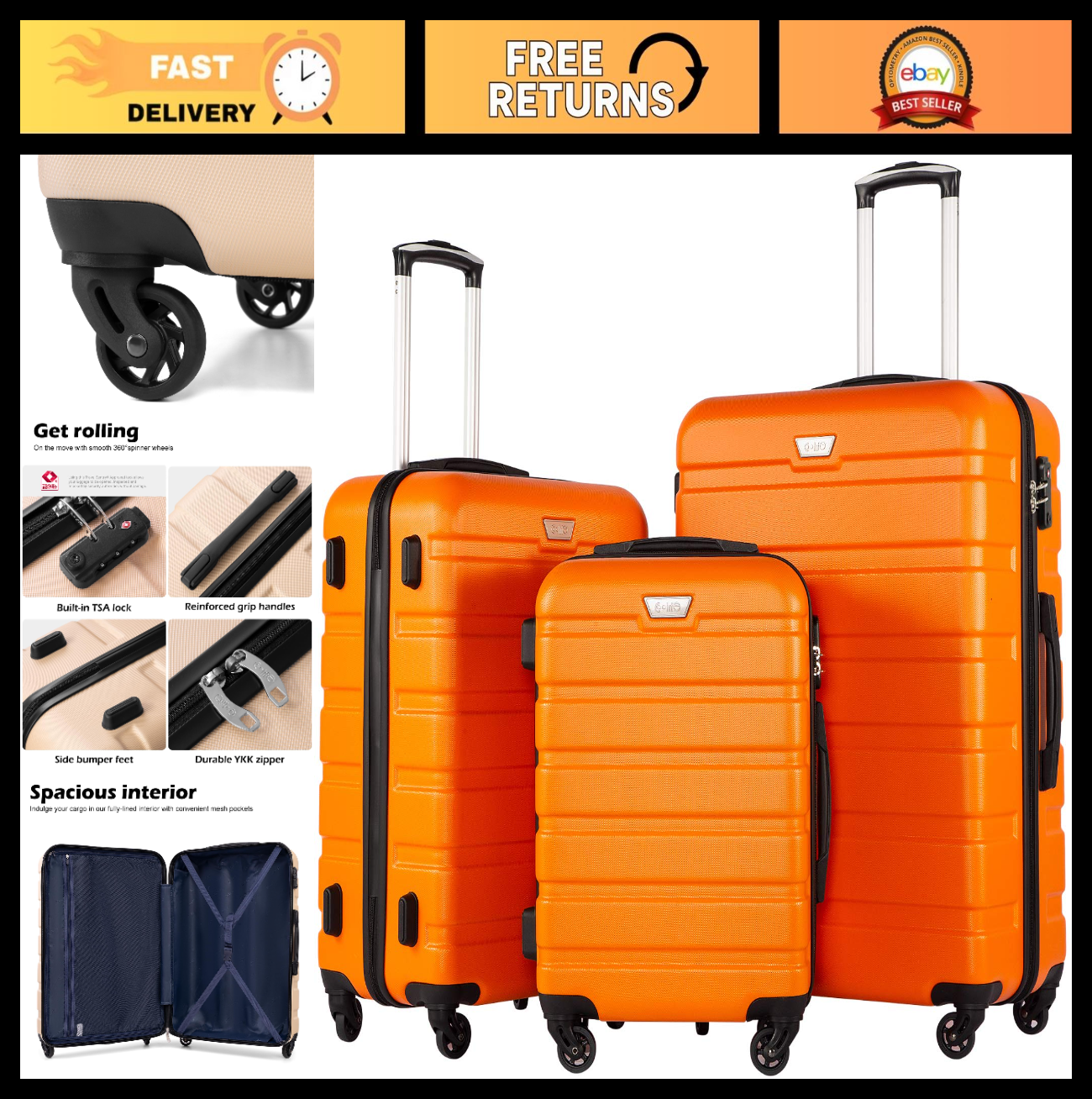 Lightweight Hardshell Luggage Set, 3-Piece Orange Suitcase with 360° Spinner Whe0