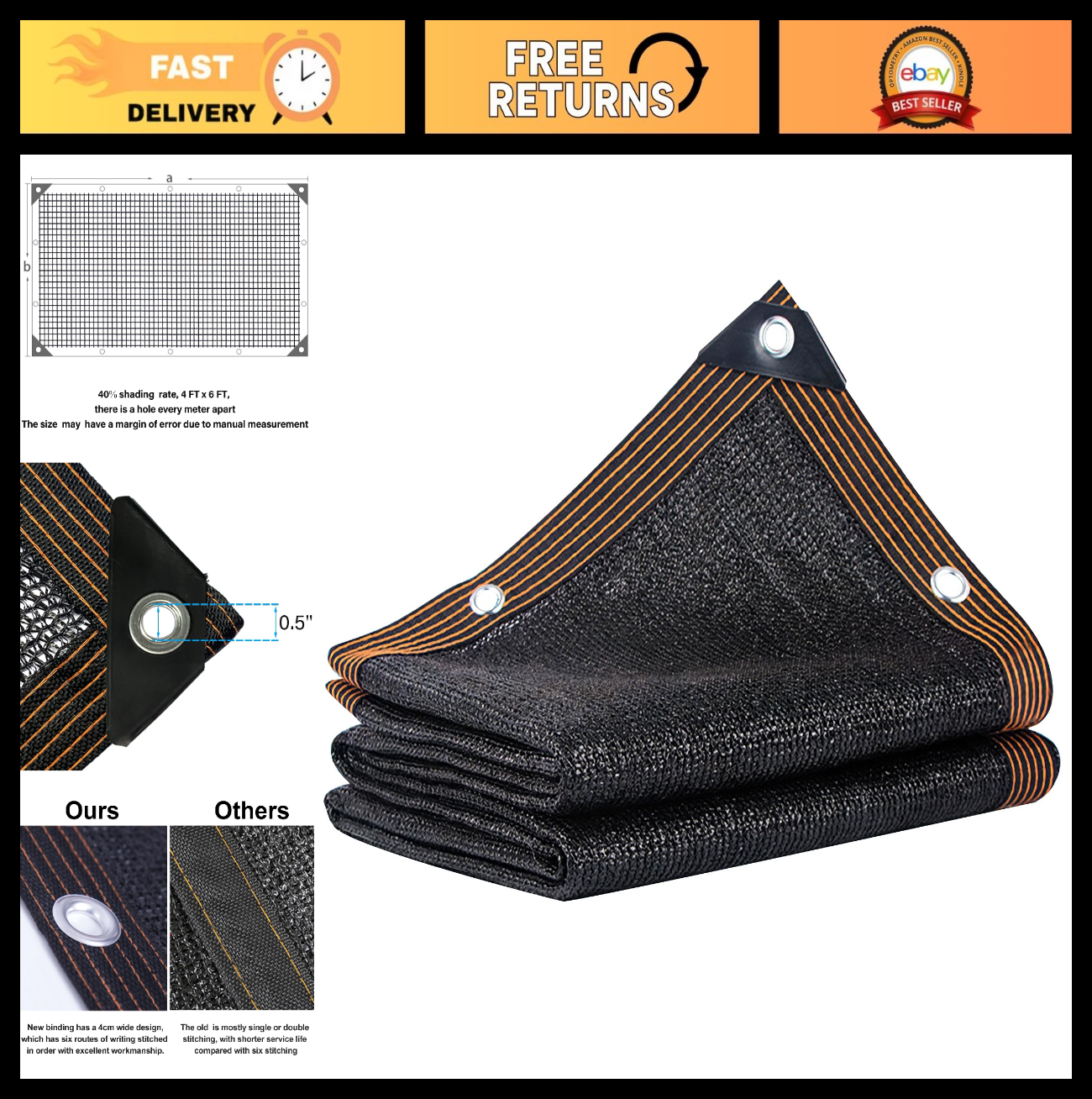 40% Shade Cloth 4x6 FT - Breathable Mesh Tarp for Garden, Vegetables, Patio & Co0
