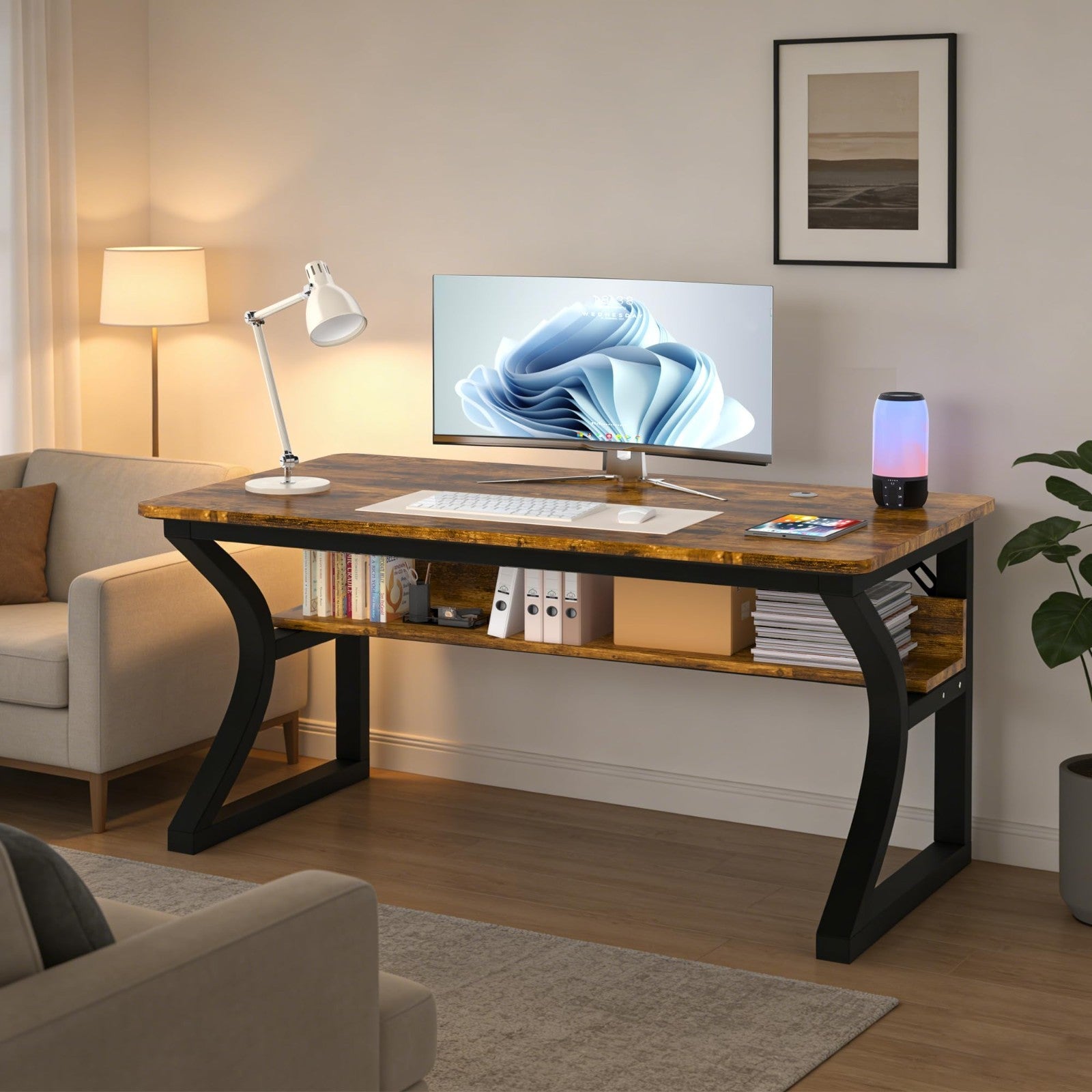 47x20 Inch Computer Desk with Storage, Sturdy Metal Frame, Rustic Brown, Home Of2