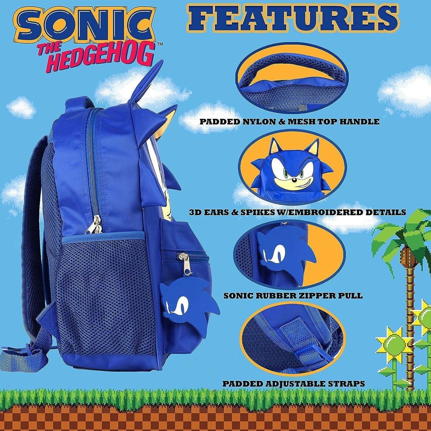 Sonic Backpack for Kids, 16" School Bag with Adjustable Straps & Padded Back, Bl5