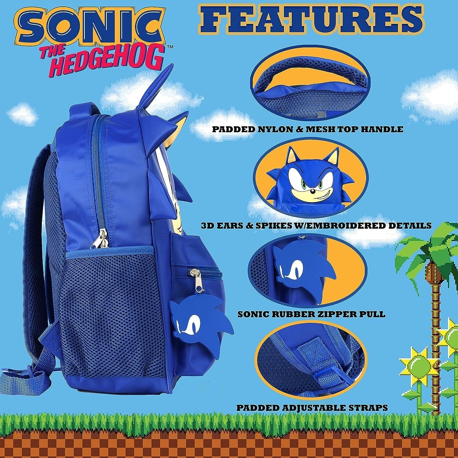 Sonic Backpack for Kids, 16" School Bag with Adjustable Straps & Padded Back, Bl5