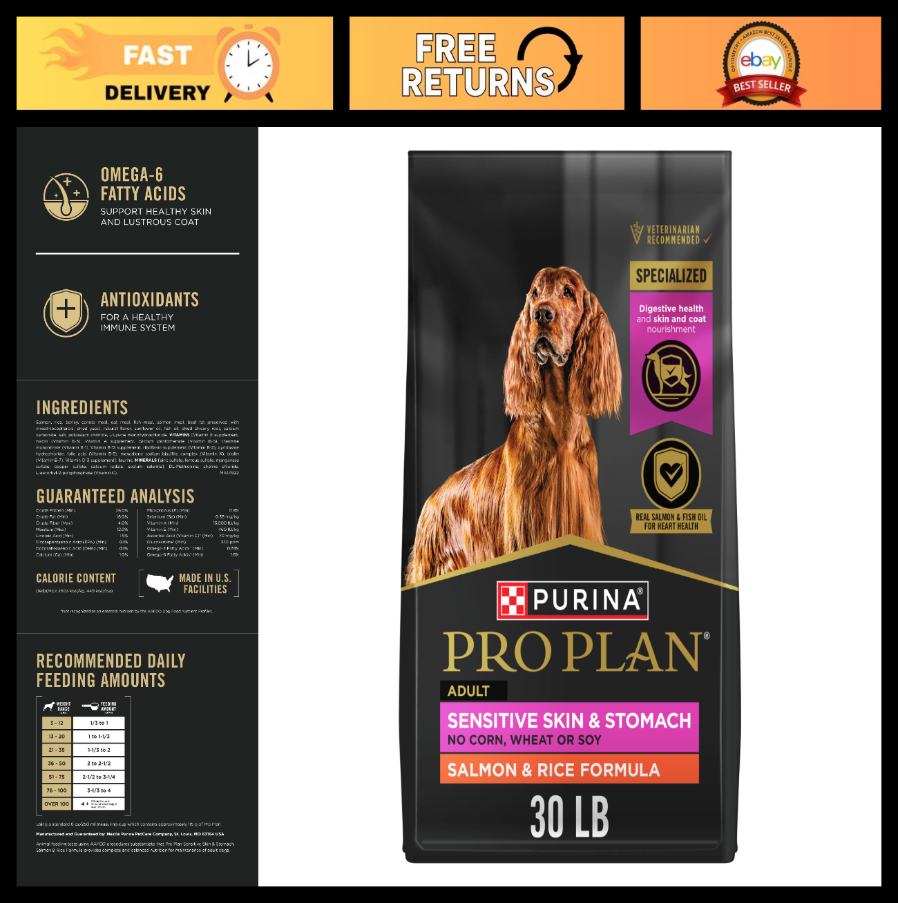 Sensitive Skin & Stomach Dry Dog Food, Salmon Flavor, 30 lb Bag   High Protein,0