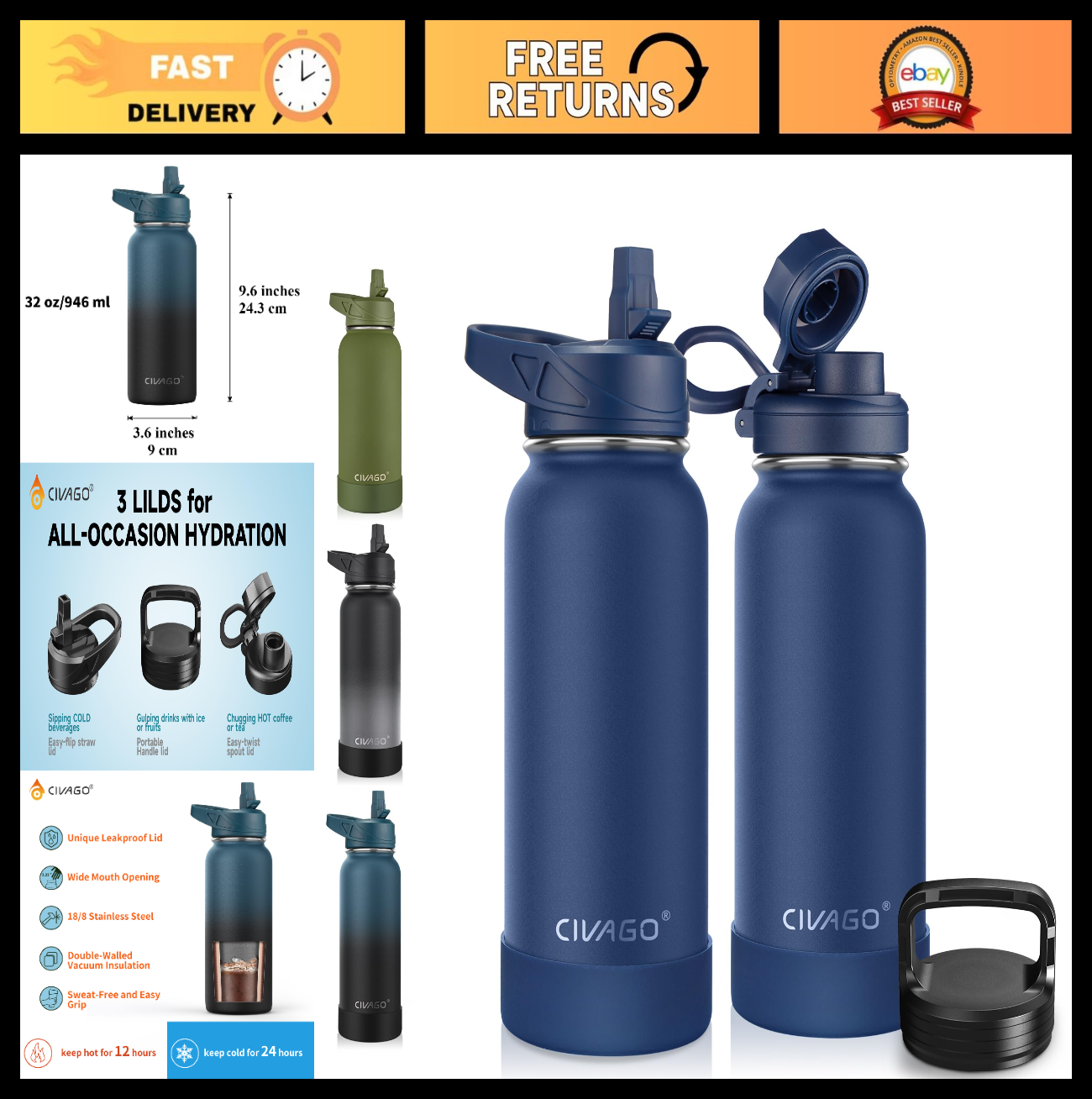 32 oz Insulated Water Bottle with Straw & 3 Lids   Stainless Steel Travel Flask,0