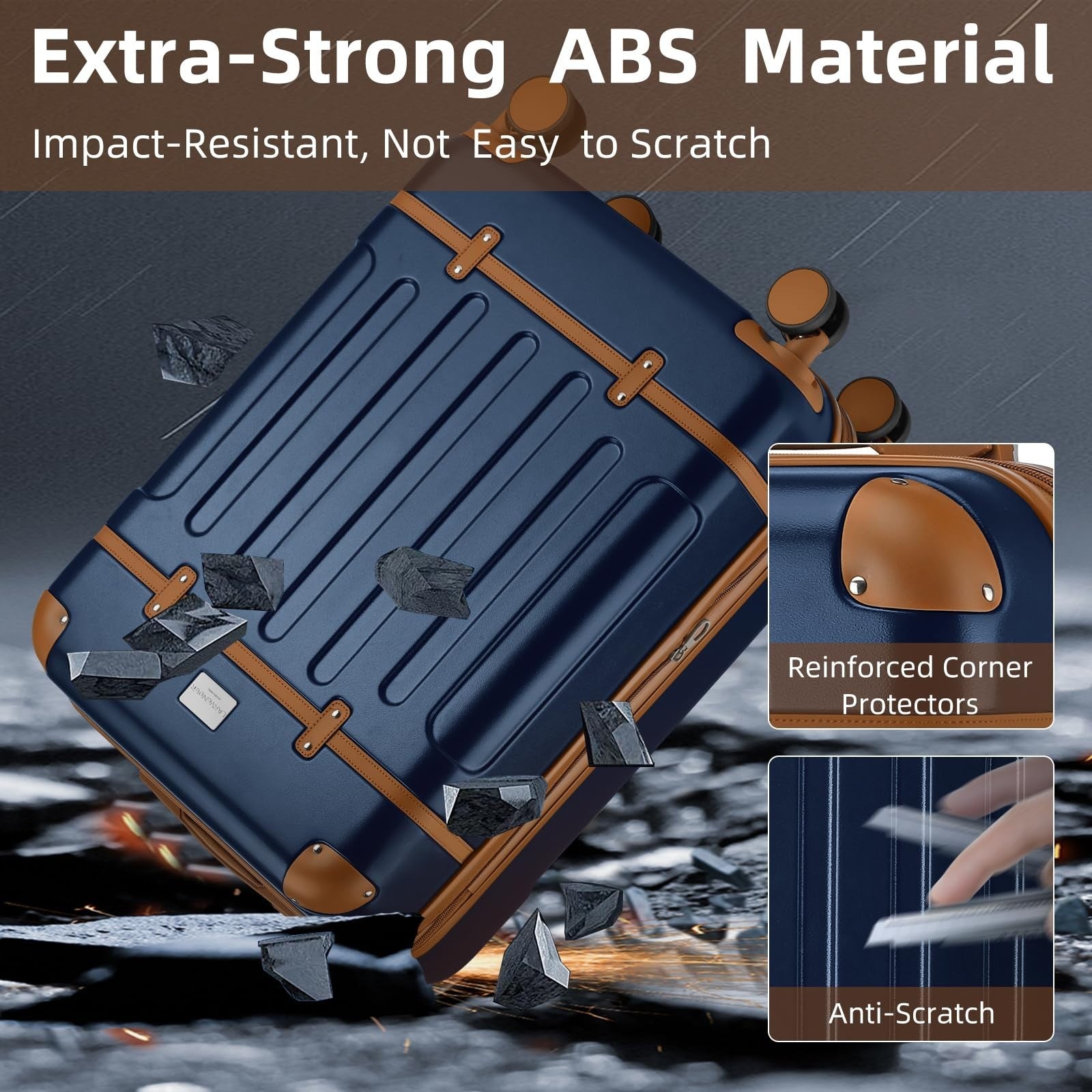 Expandable 3-Piece Carry-On Luggage Set, Navy - Airline Approved, 360° Spinner W6